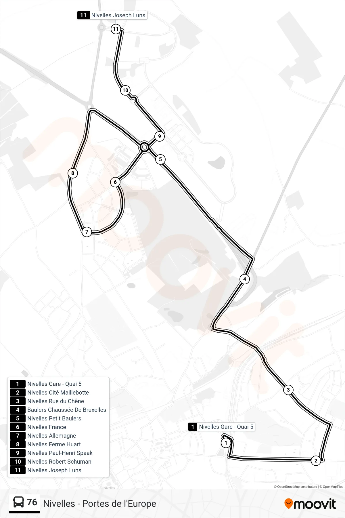 76 bus Line (Nivelles Station - Platform 5→Nivelles Joseph Luns) route and stops on a map