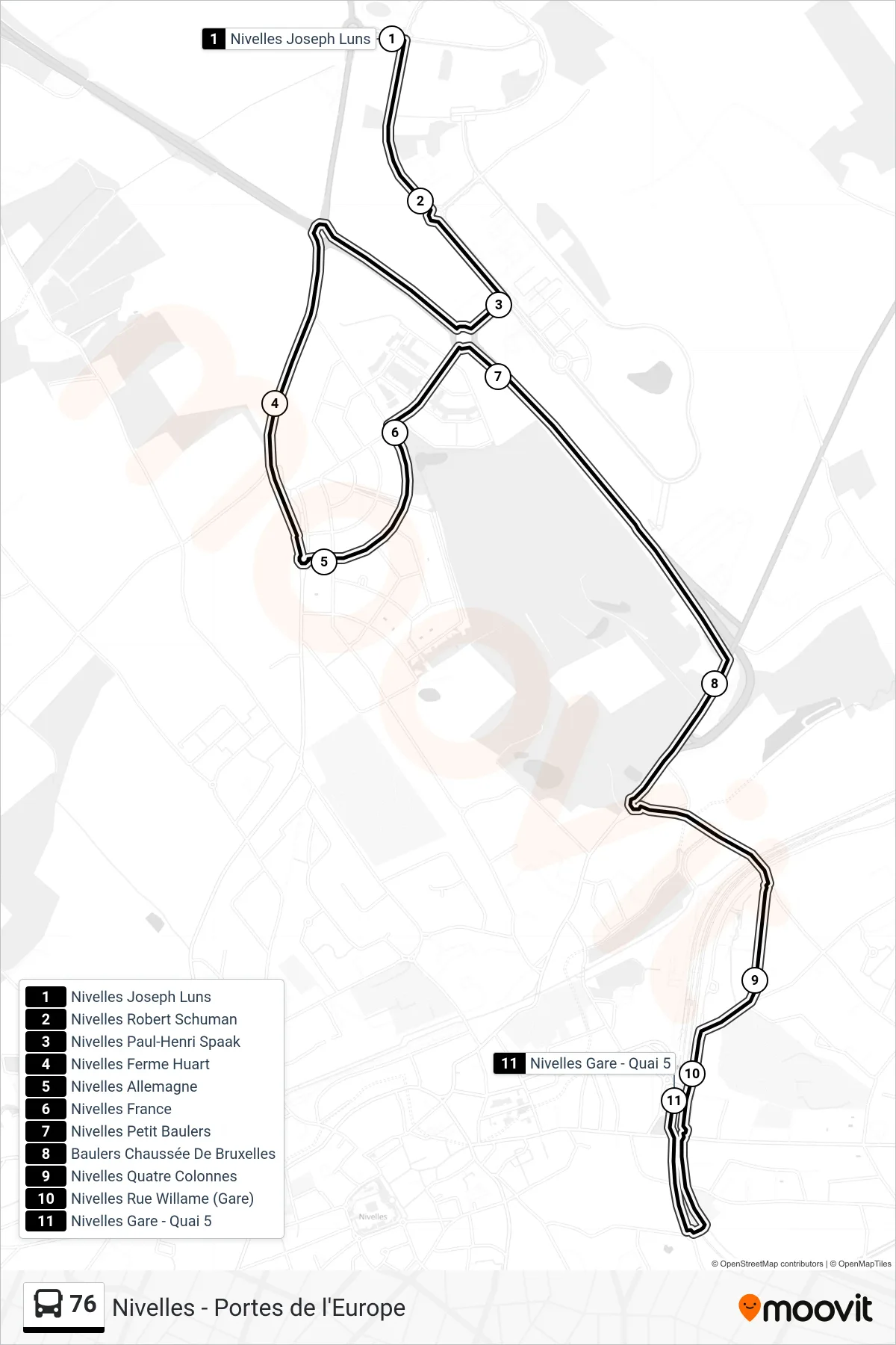 Lijn 76 (bus, Nivelles Joseph Luns→Nivelles Gare - Quai 5): route en haltes op de kaart