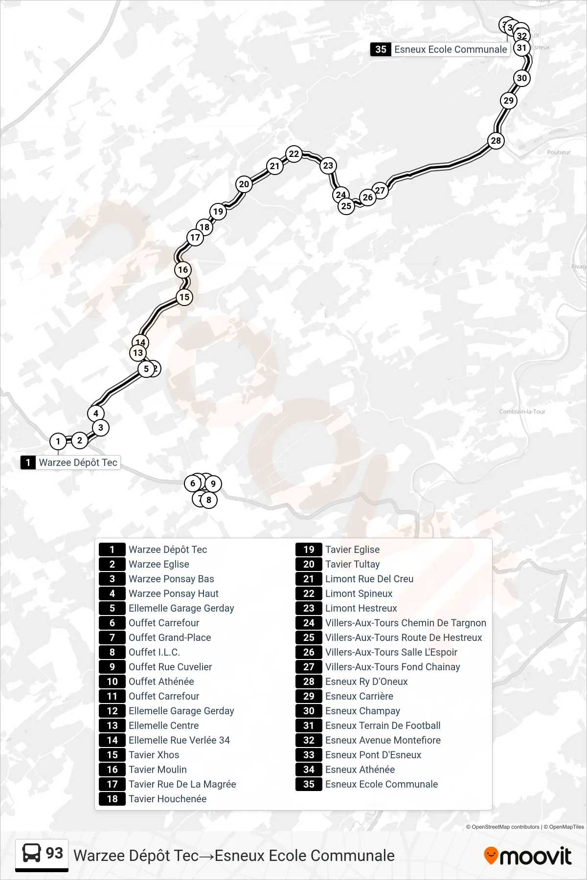 Lijn 93 (bus, Warzee Dépôt Tec→Esneux Ecole Communale): route en haltes op de kaart