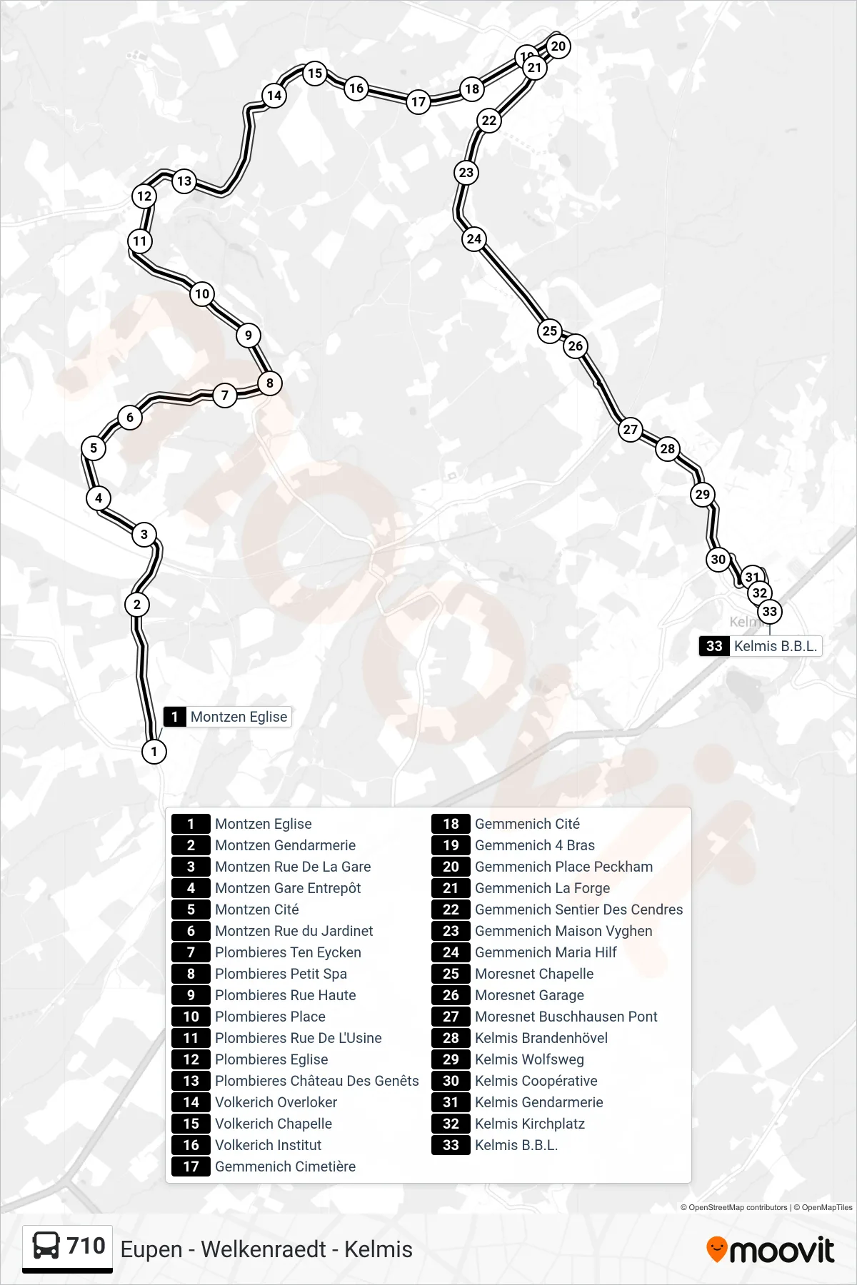 710 bus Line (Montzen Church→Kelmis B.B.L.) route and stops on a map