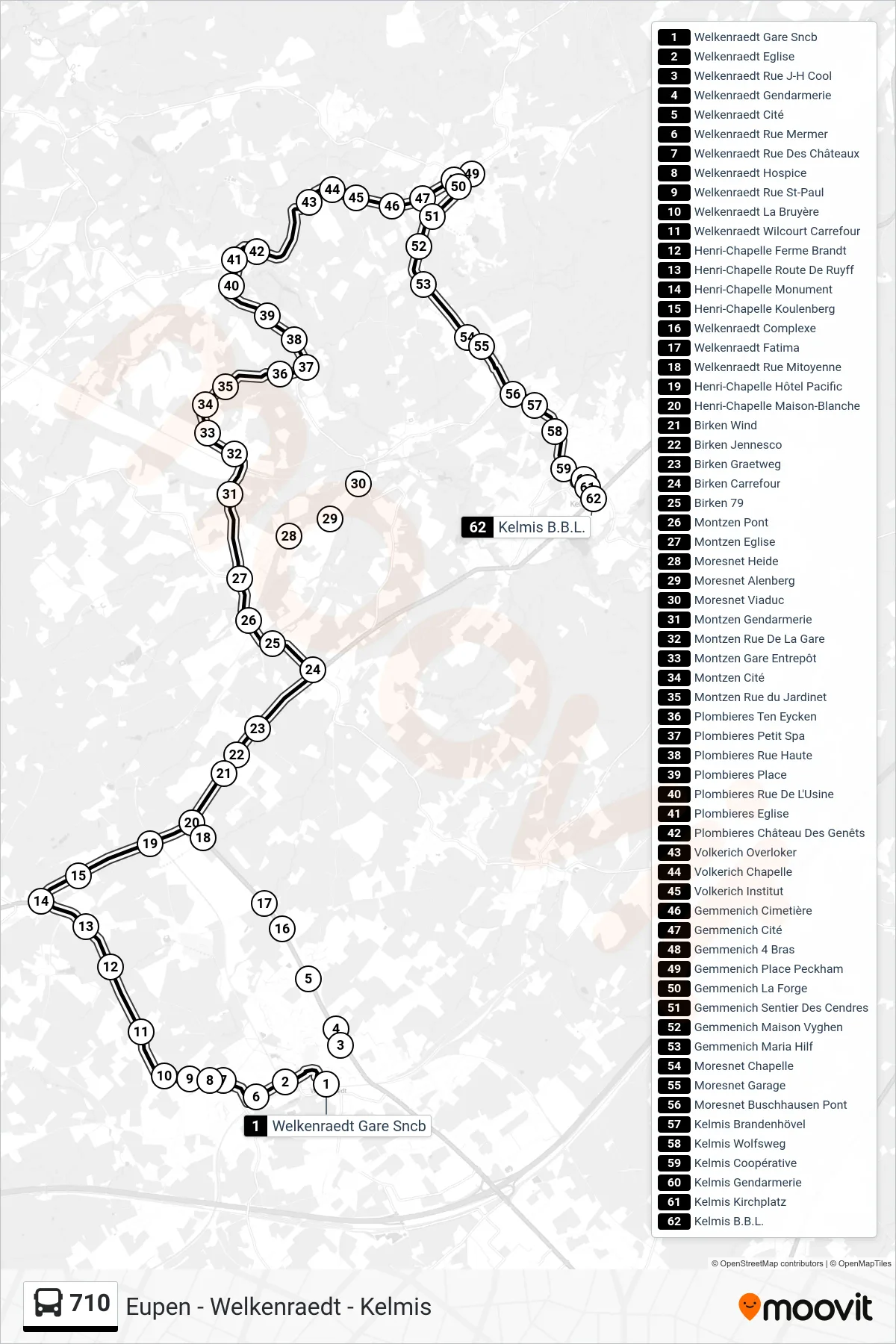 710 bus Line (Welkenraedt Railway Station‎→Kelmis B.B.L.) route and stops on a map
