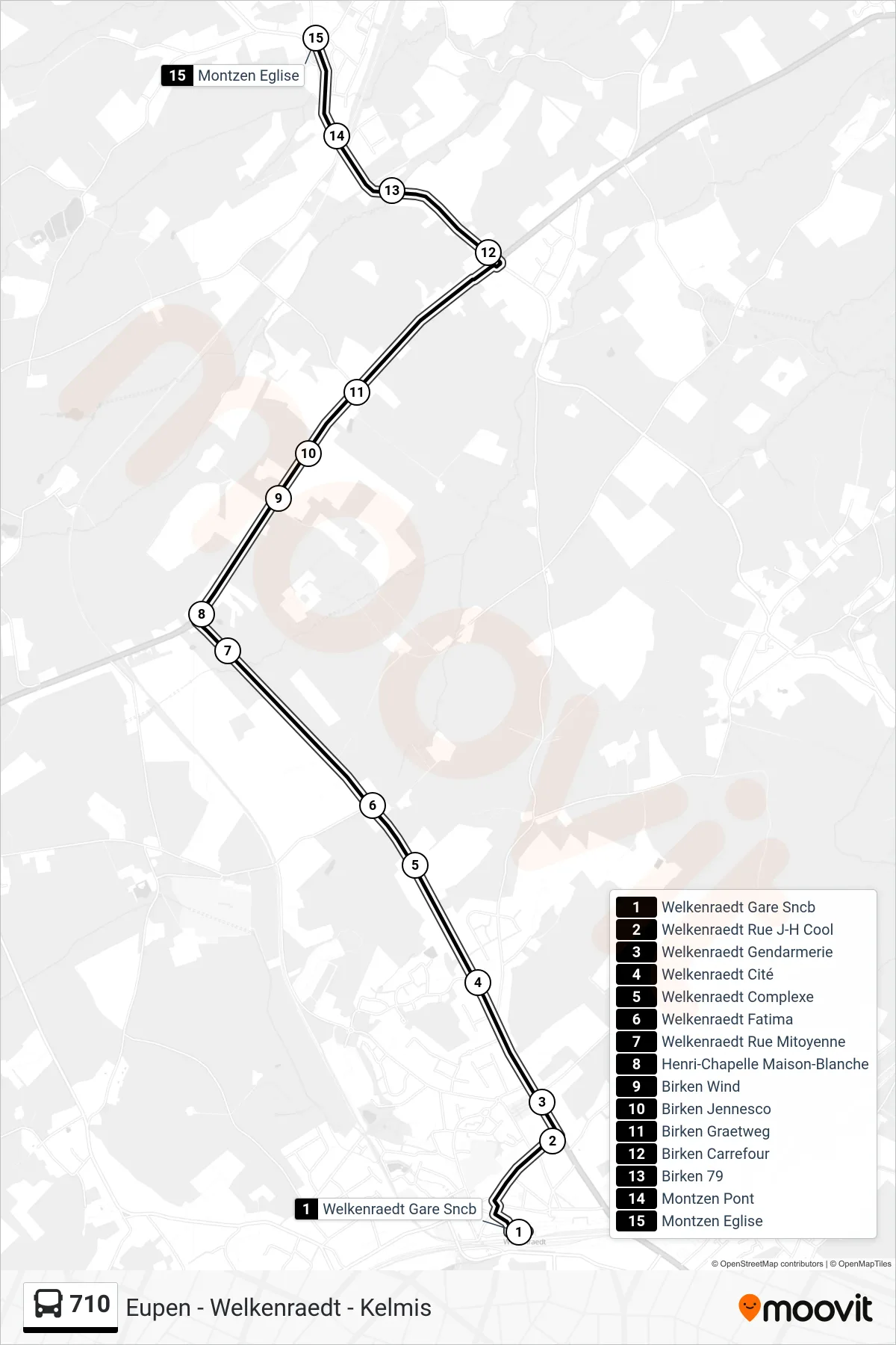 710 bus Line (Welkenraedt Railway Station→Montzen Church) route and stops on a map