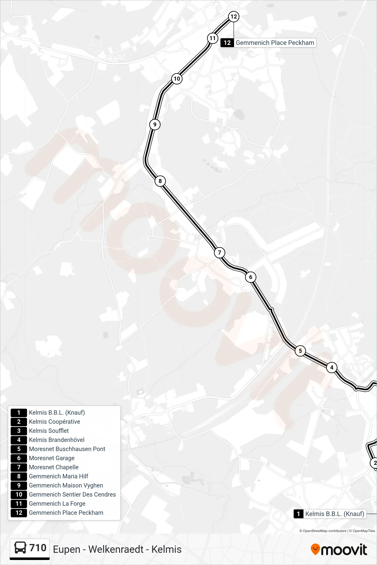 Lijn 710 (bus, Kelmis B.B.L. (Knauf)‎→Gemmenich Place Peckham): route en haltes op de kaart