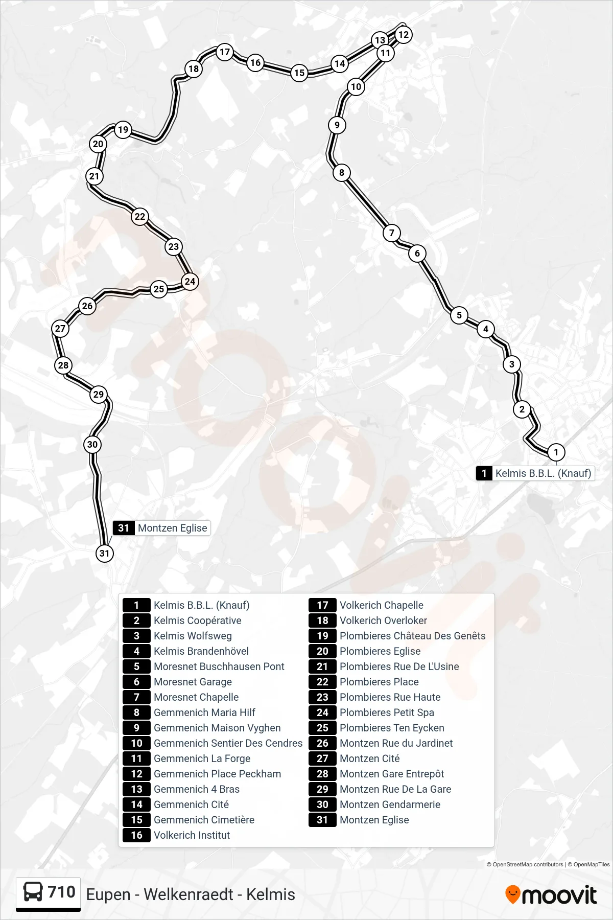 710 bus Line (Kelmis B.B.L. (Knauf)‎→Montzen Church) route and stops on a map