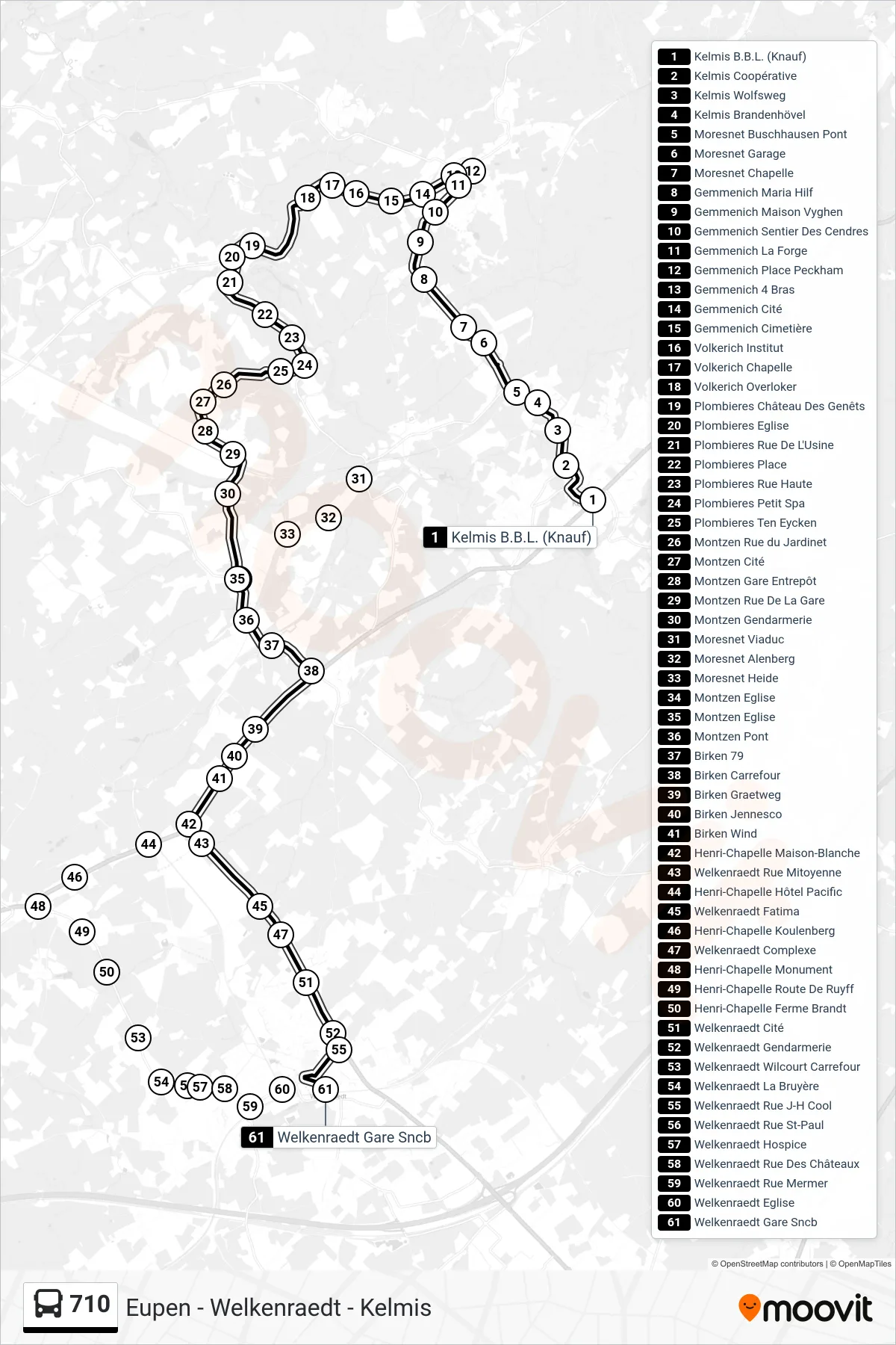 710 bus Line (Kelmis B.B.L. (Knauf)→Welkenraedt Railway Station) route and stops on a map