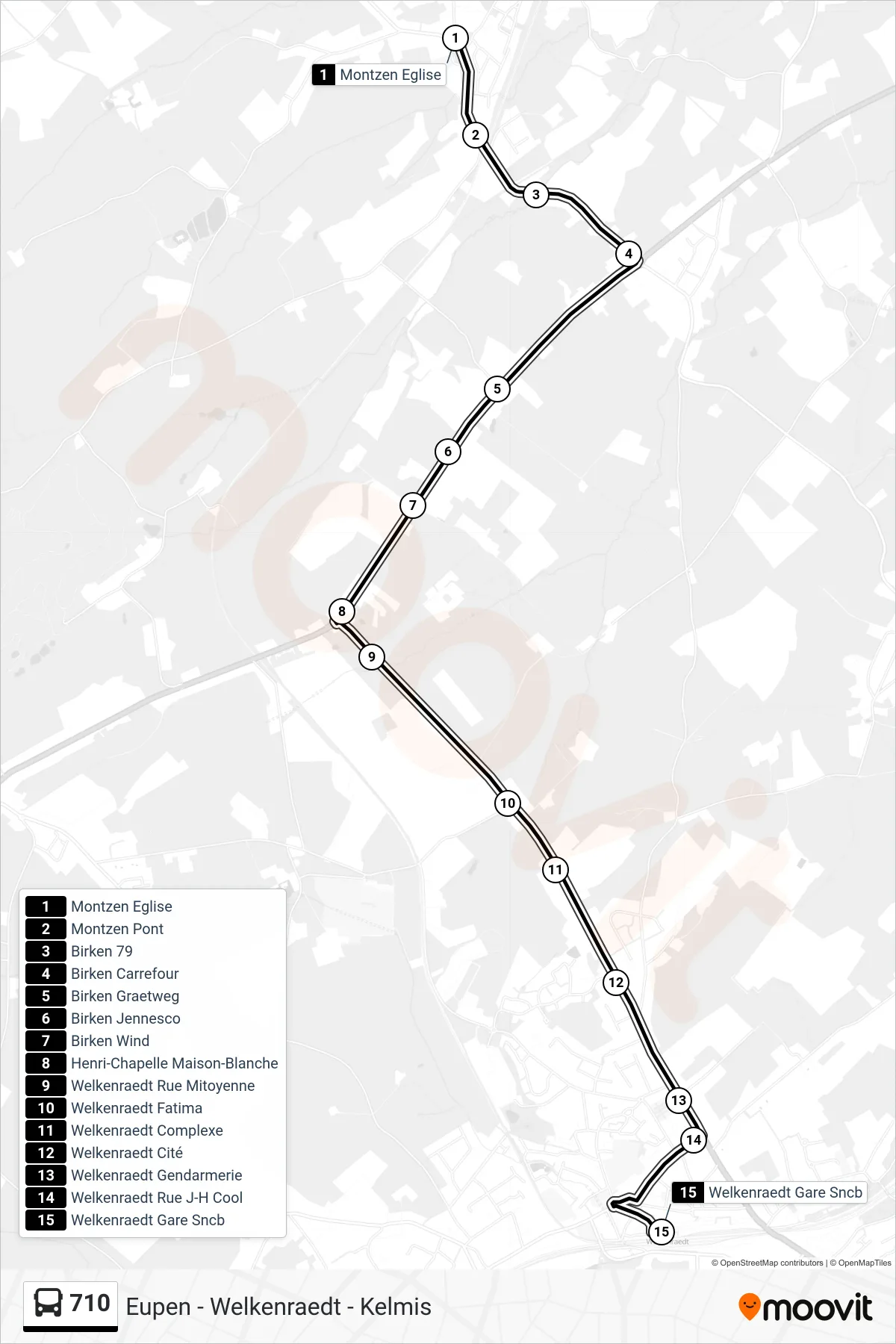 Lijn 710 (bus, Montzen Eglise‎→Welkenraedt Gare Sncb): route en haltes op de kaart