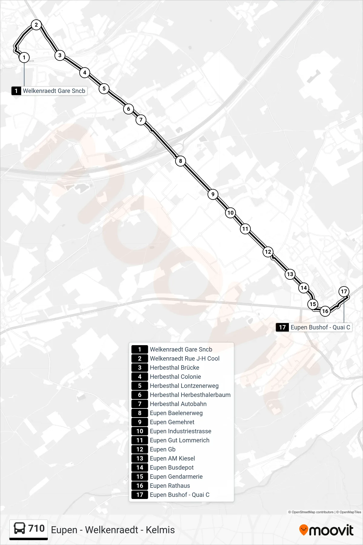 710 bus Line (Welkenraedt Railway Station→Eupen Bus Station - Platform C) route and stops on a map