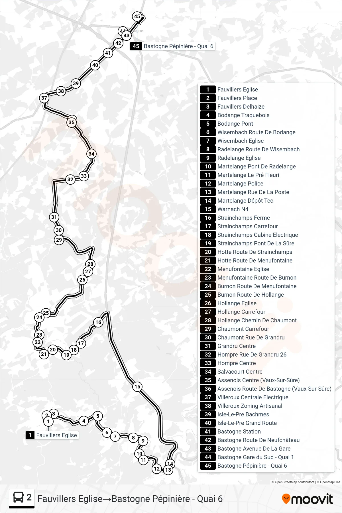Lijn 2 (bus, Fauvillers Eglise‎→Bastogne Pépinière - Quai 6): route en haltes op de kaart