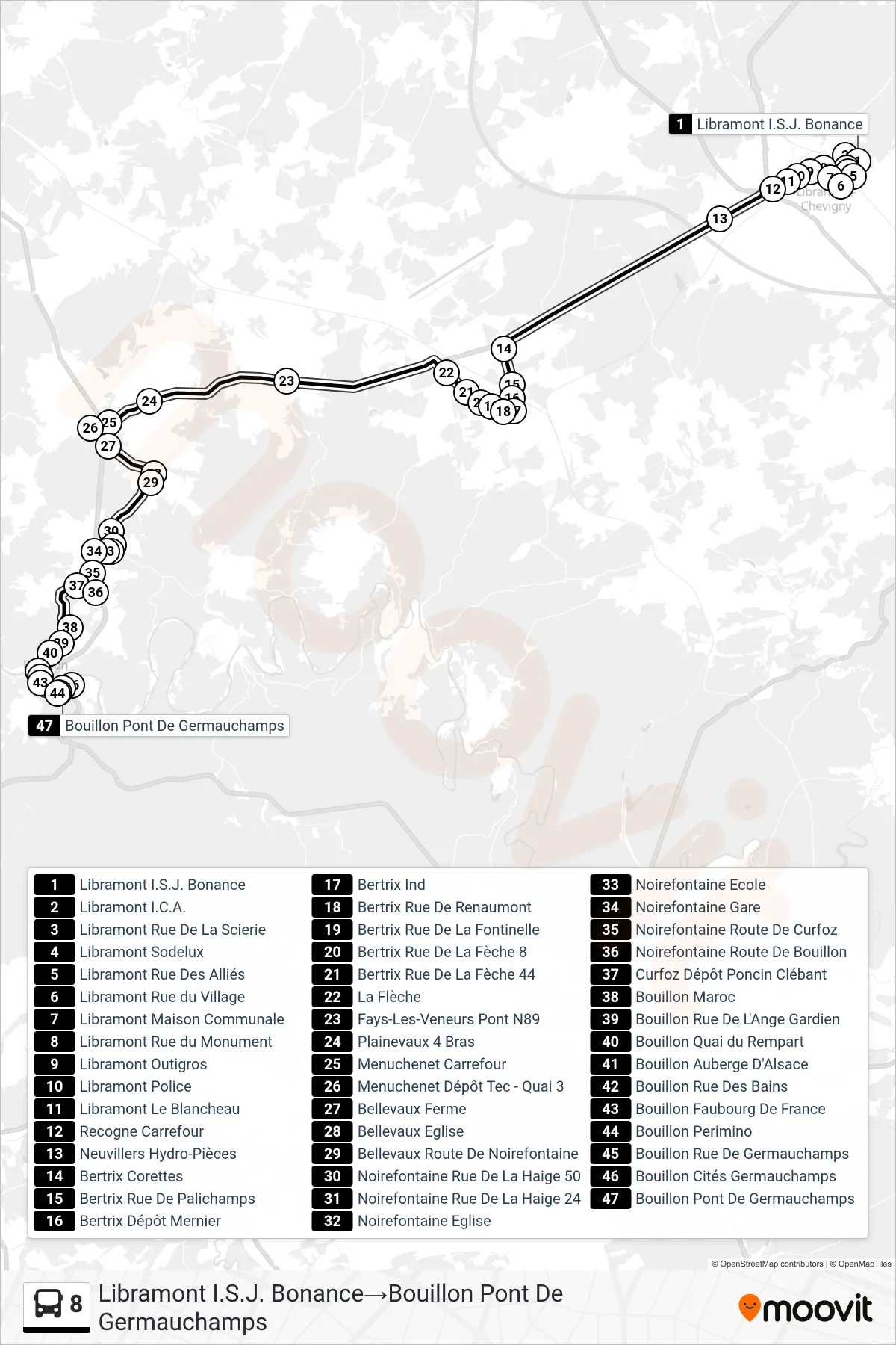 8 bus Line (Libramont I.S.J. Bonance‎→Bouillon Germauchamps Bridge) route and stops on a map