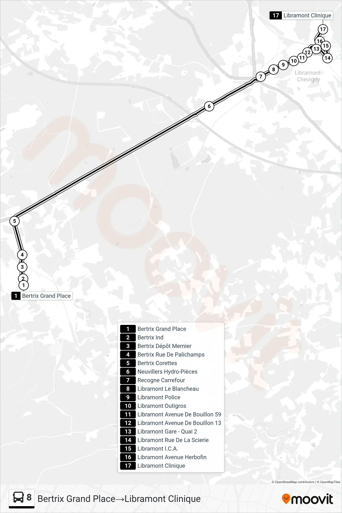 8 bus Line (Bertrix Grand Place‎→Libramont Clinic) route and stops on a map