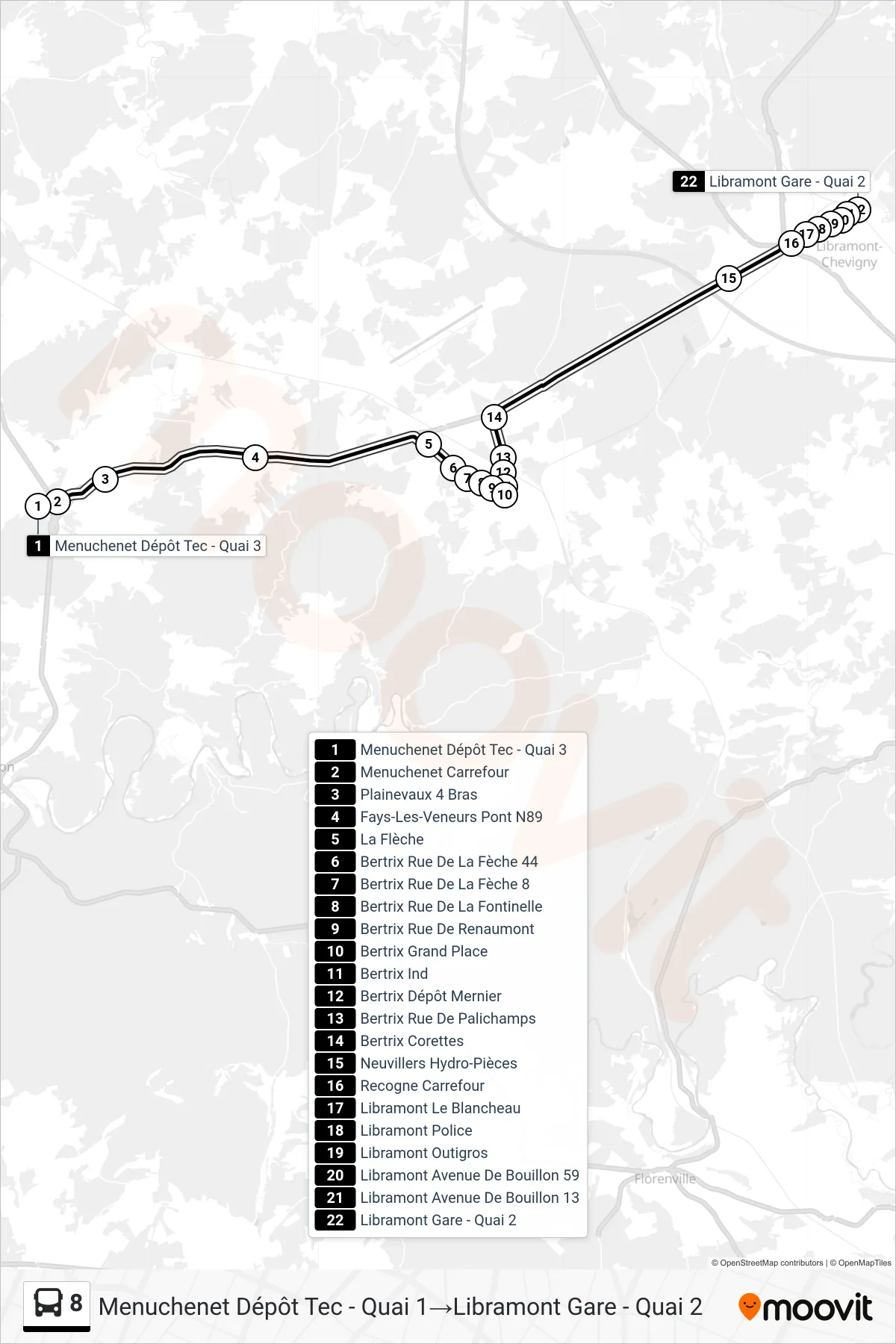 8 bus Line (Menuchenet Bus Depot - Platform 1→Libramont Station - Platform 2) route and stops on a map