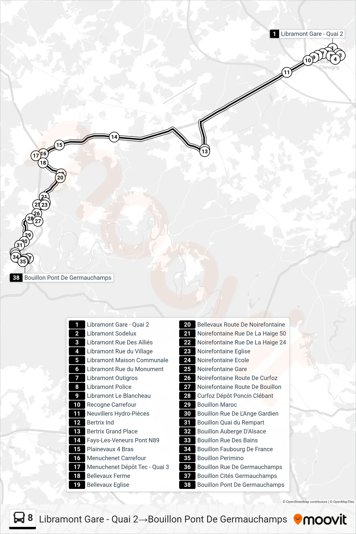 Lijn 8 (bus, Libramont Gare - Quai 2→Bouillon Pont De Germauchamps): route en haltes op de kaart