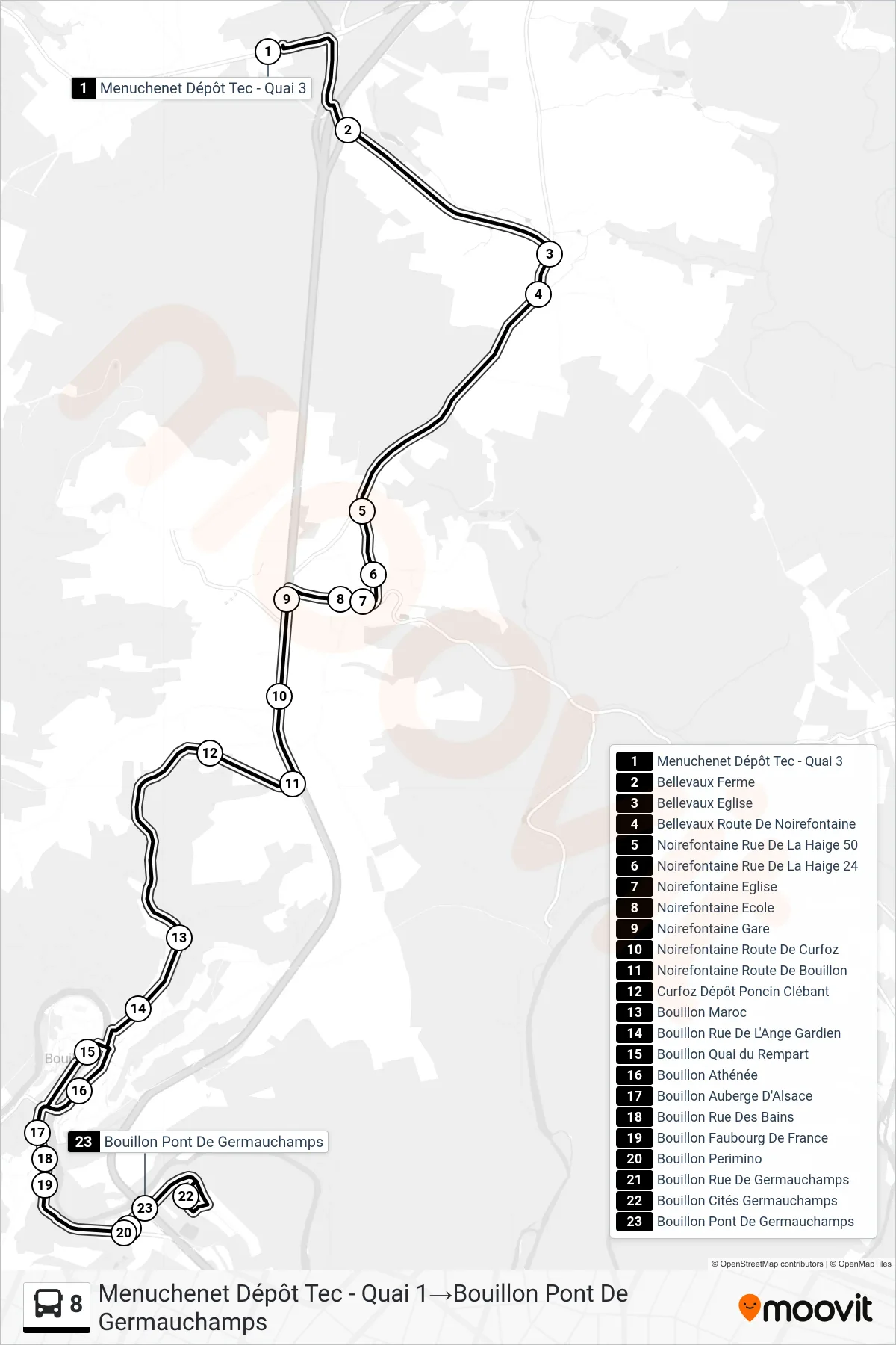 8 bus Line (Menuchenet Bus Depot - Platform 1‎→Bouillon Germauchamps Bridge) route and stops on a map
