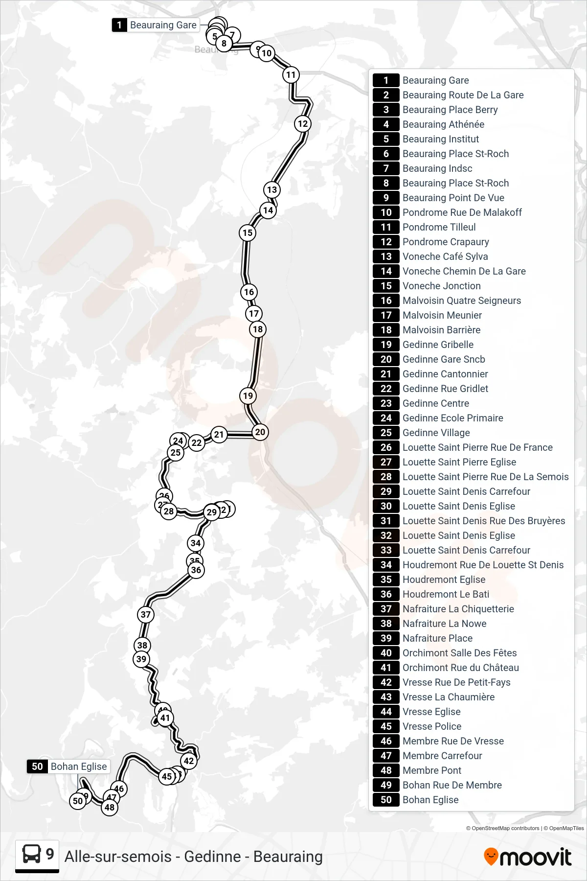 Lijn 9 (bus, Beauraing Gare→Bohan Eglise): route en haltes op de kaart