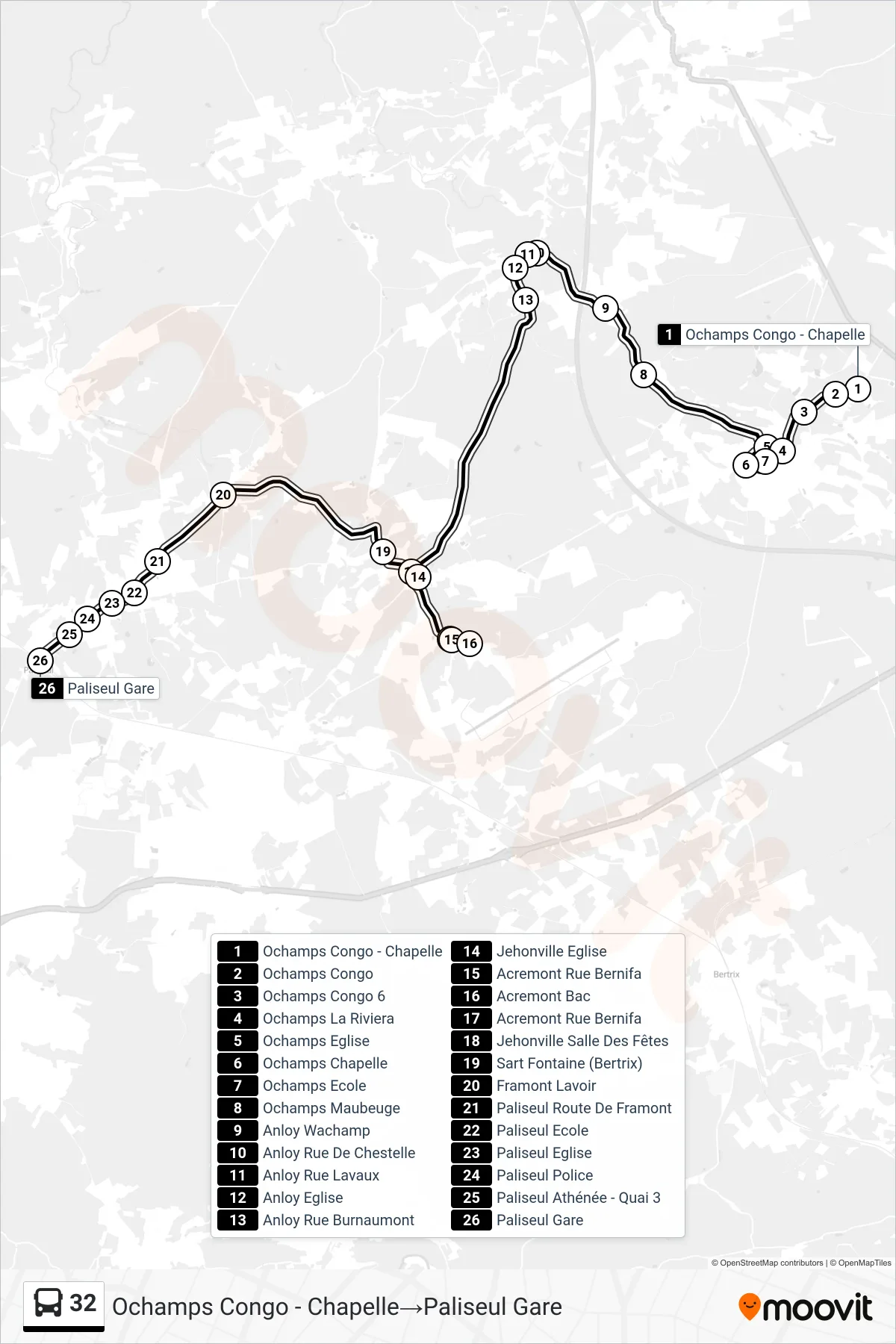 Lijn 32 (bus, Ochamps Congo - Chapelle→Paliseul Gare): route en haltes op de kaart