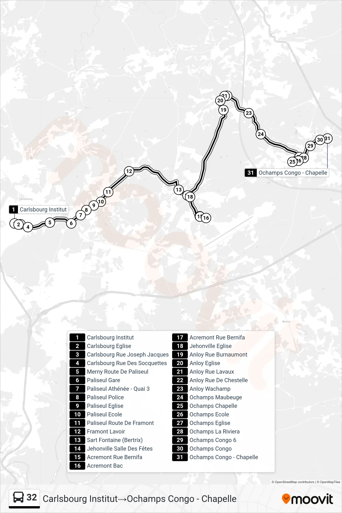Lijn 32 (bus, Carlsbourg Institut→Ochamps Congo - Chapelle): route en haltes op de kaart