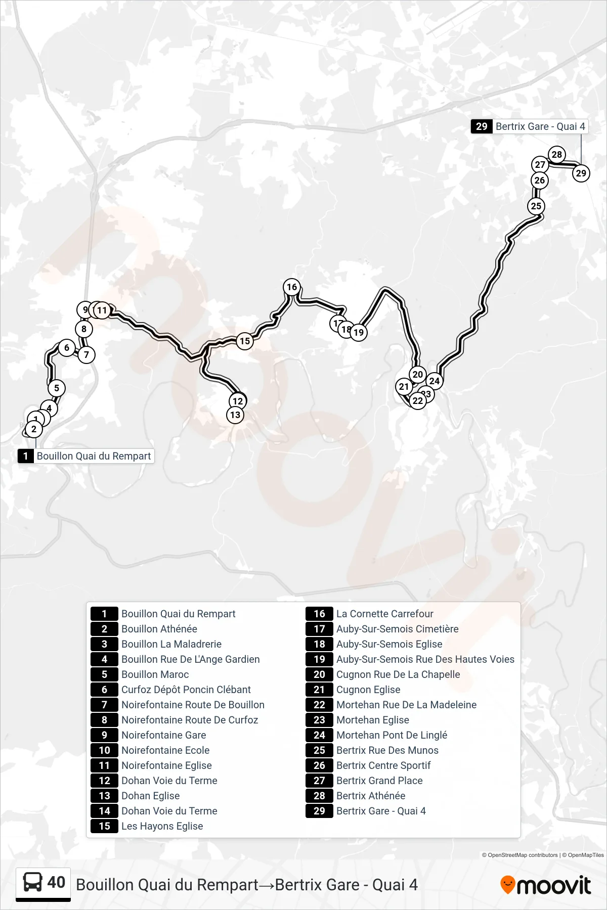 40 bus Line (Bouillon Rampart Quay→Bertrix Station - Platform 4) route and stops on a map