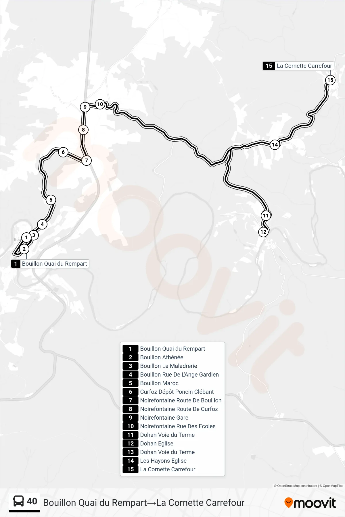 40 bus Line (Bouillon Rampart Quay‎→La Cornette Crossroads) route and stops on a map