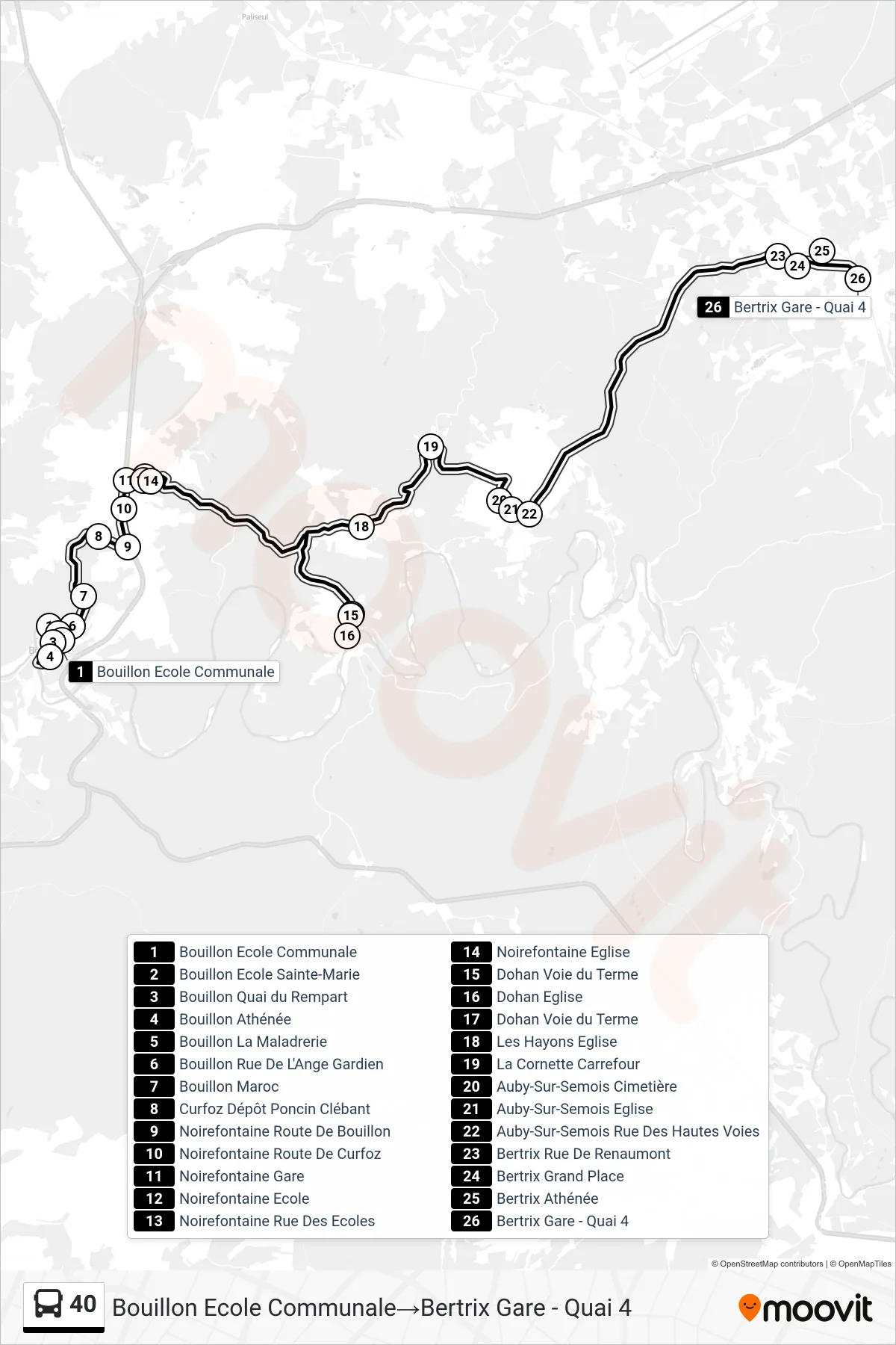 40 bus Line (Bouillon Community School→Bertrix Station - Platform 4) route and stops on a map