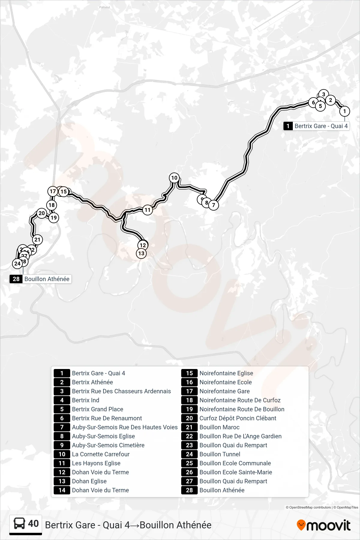 Lijn 40 (bus, Bertrix Gare - Quai 4‎→Bouillon Athénée): route en haltes op de kaart