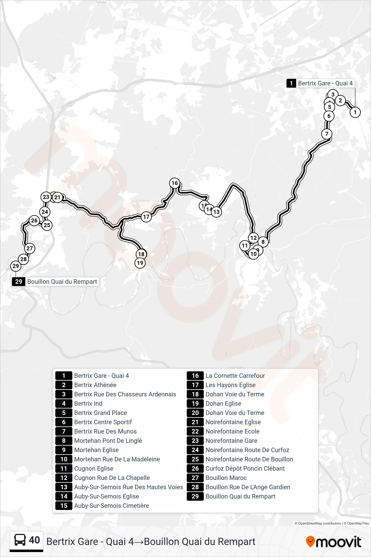 40 bus Line (Bertrix Station - Platform 4→Bouillon Rampart Quay) route and stops on a map