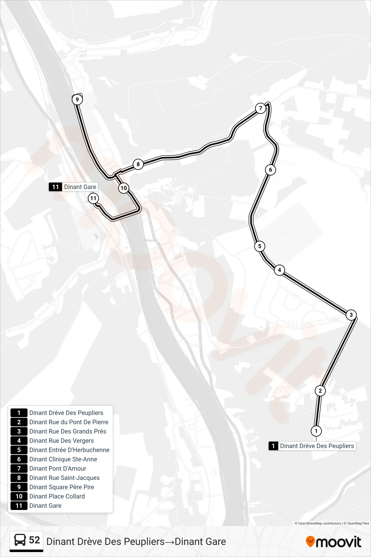 Lijn 52 (bus, Dinant Drève Des Peupliers→Dinant Gare): route en haltes op de kaart
