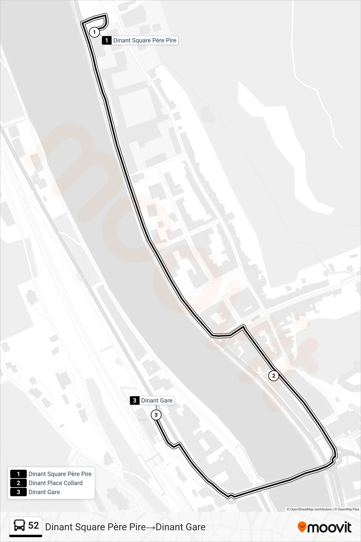 52 bus Line (Dinant Father Pire Square‎→Dinant Station) route and stops on a map