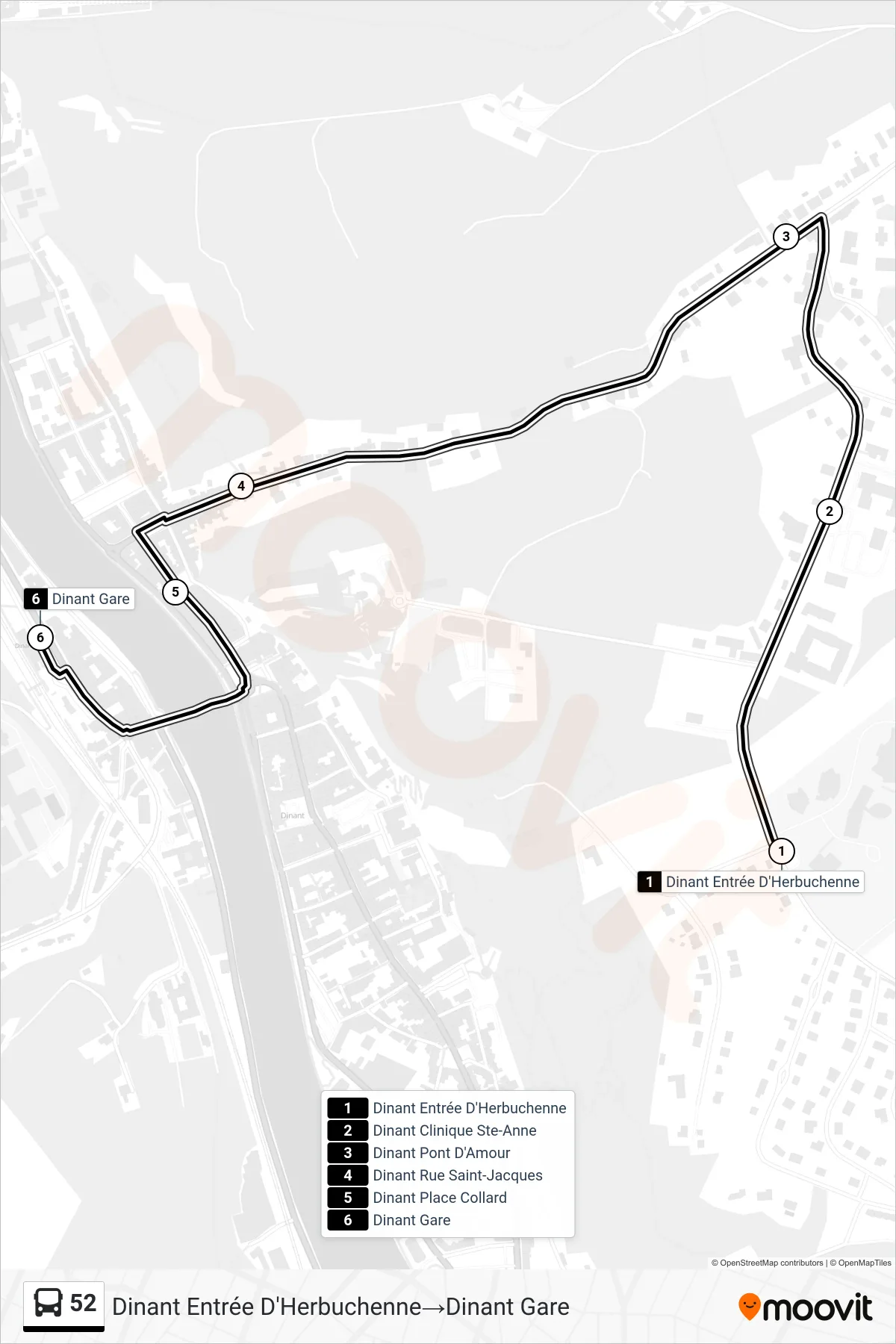 52 bus Line (Dinant Herbuchenne Entrance→Dinant Station) route and stops on a map