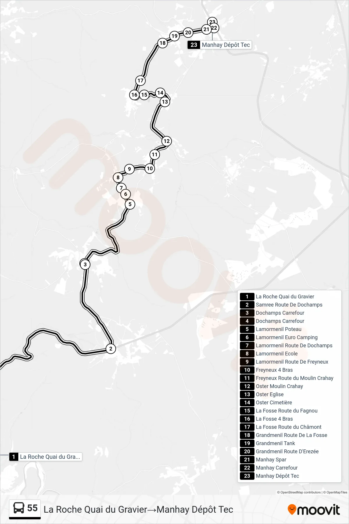55 bus Line (La Roche Gravel Quay→Manhay TEC Depot) route and stops on a map