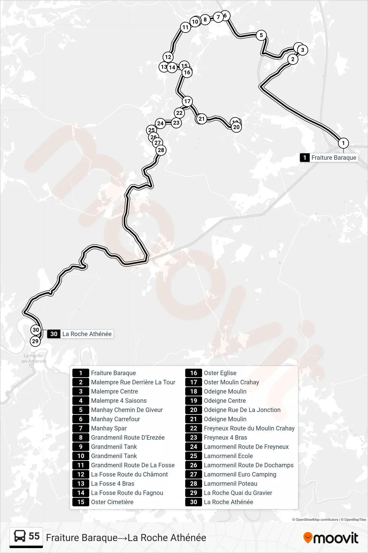 55 bus Line (Fraiture Barracks→La Roche Atheneum) route and stops on a map