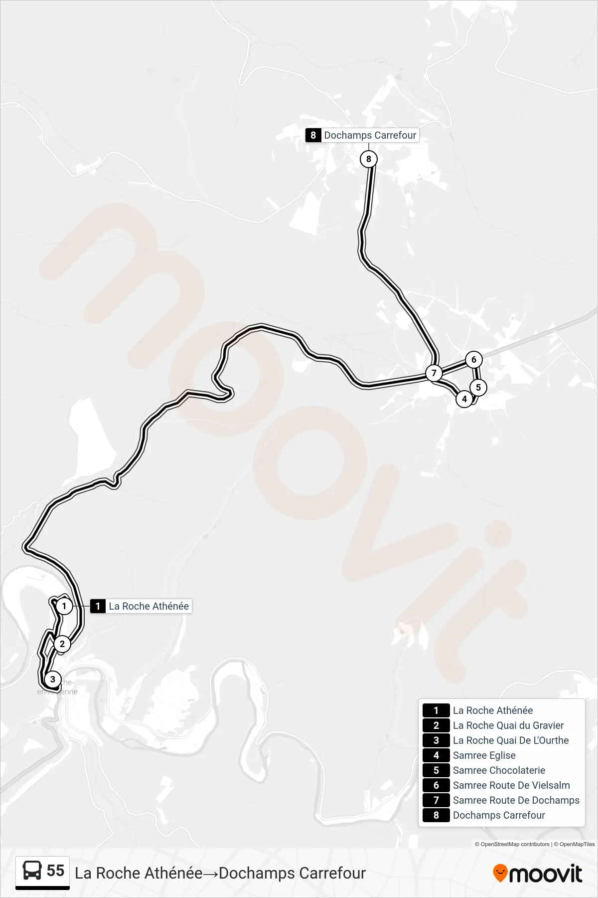 Lijn 55 (bus, La Roche Athénée→Dochamps Carrefour): route en haltes op de kaart
