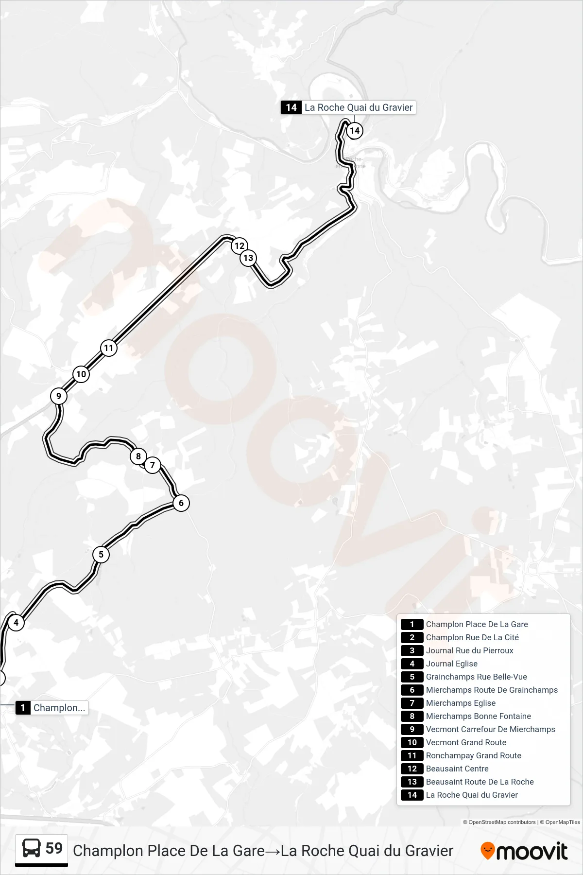 Lijn 59 (bus, Champlon Place De La Gare‎→La Roche Quai du Gravier): route en haltes op de kaart