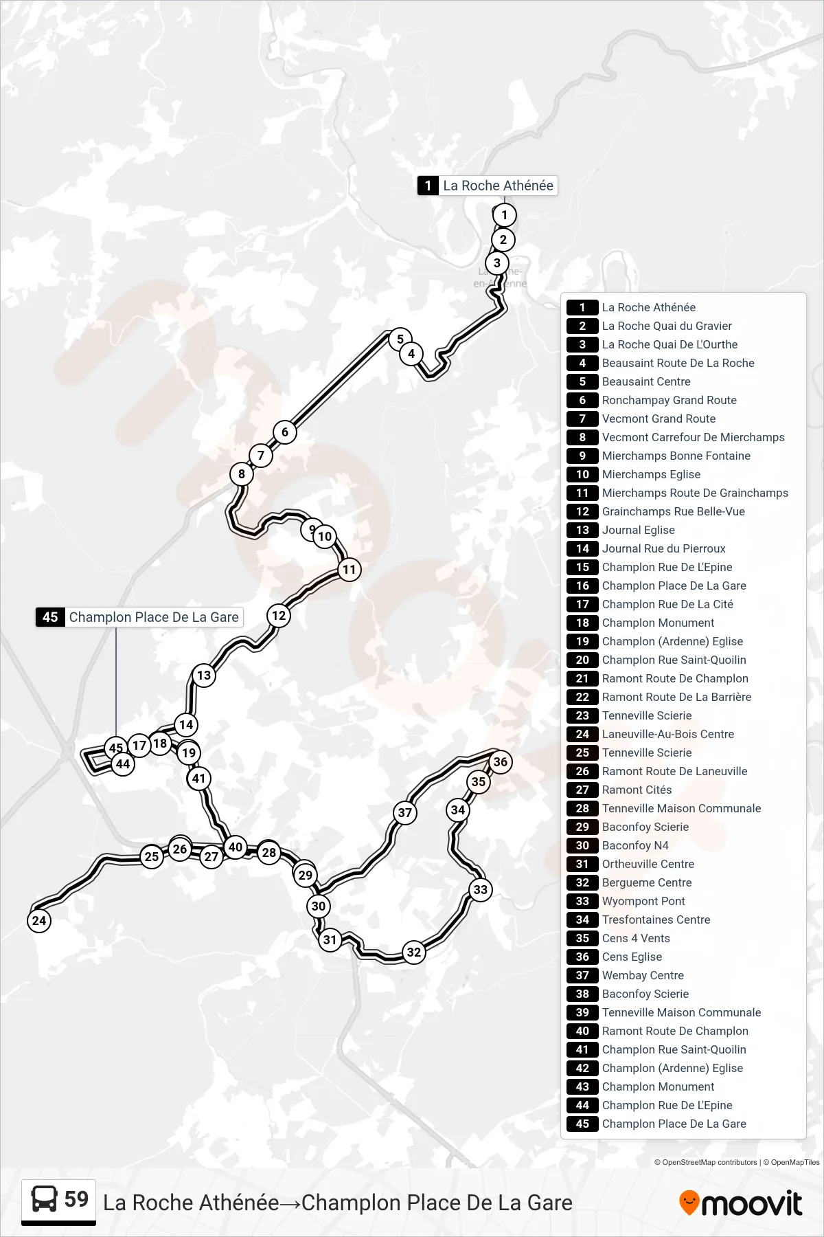 Lijn 59 (bus, La Roche Athénée‎→Champlon Place De La Gare): route en haltes op de kaart