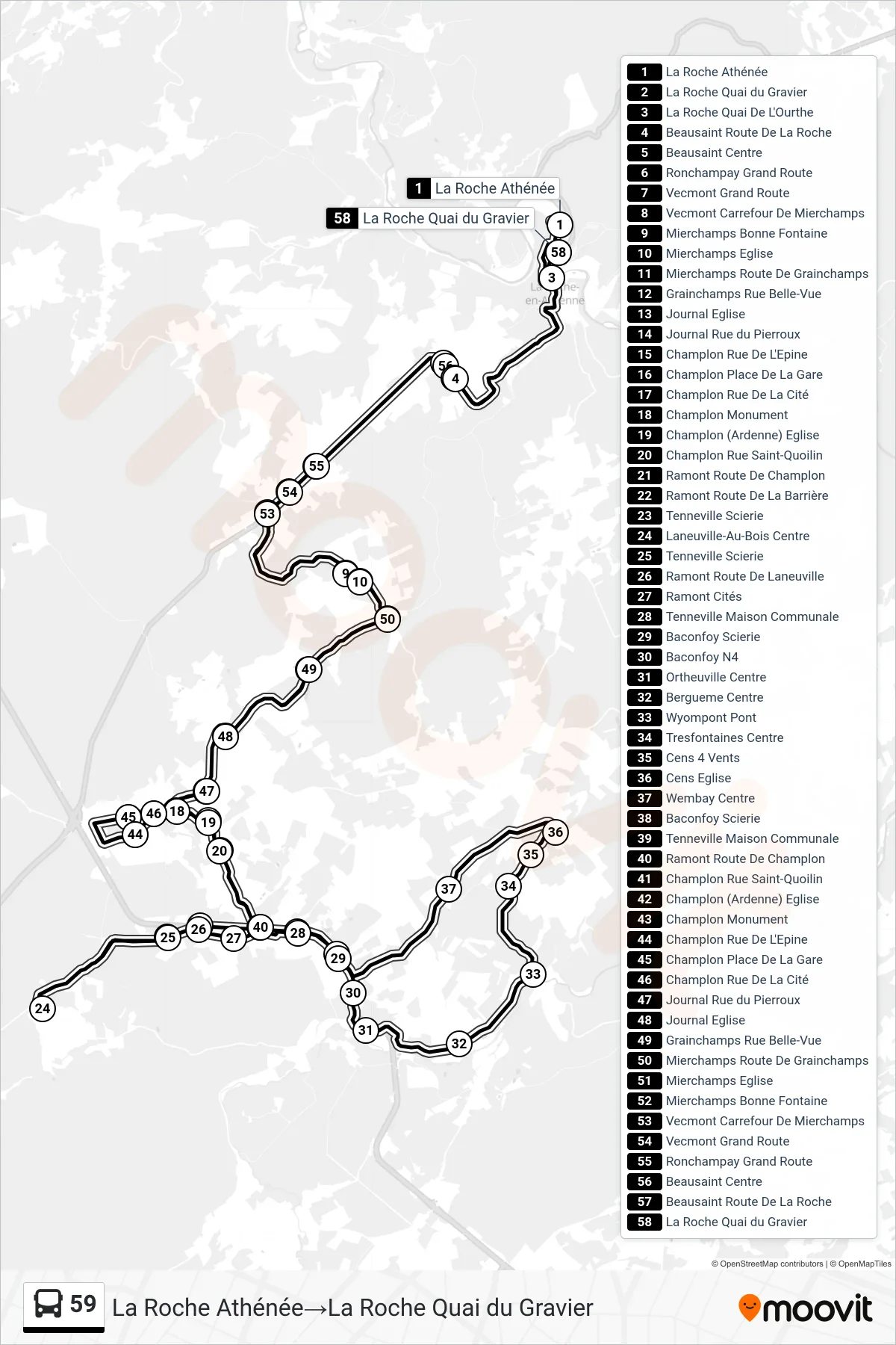 Lijn 59 (bus, La Roche Athénée→La Roche Quai du Gravier): route en haltes op de kaart