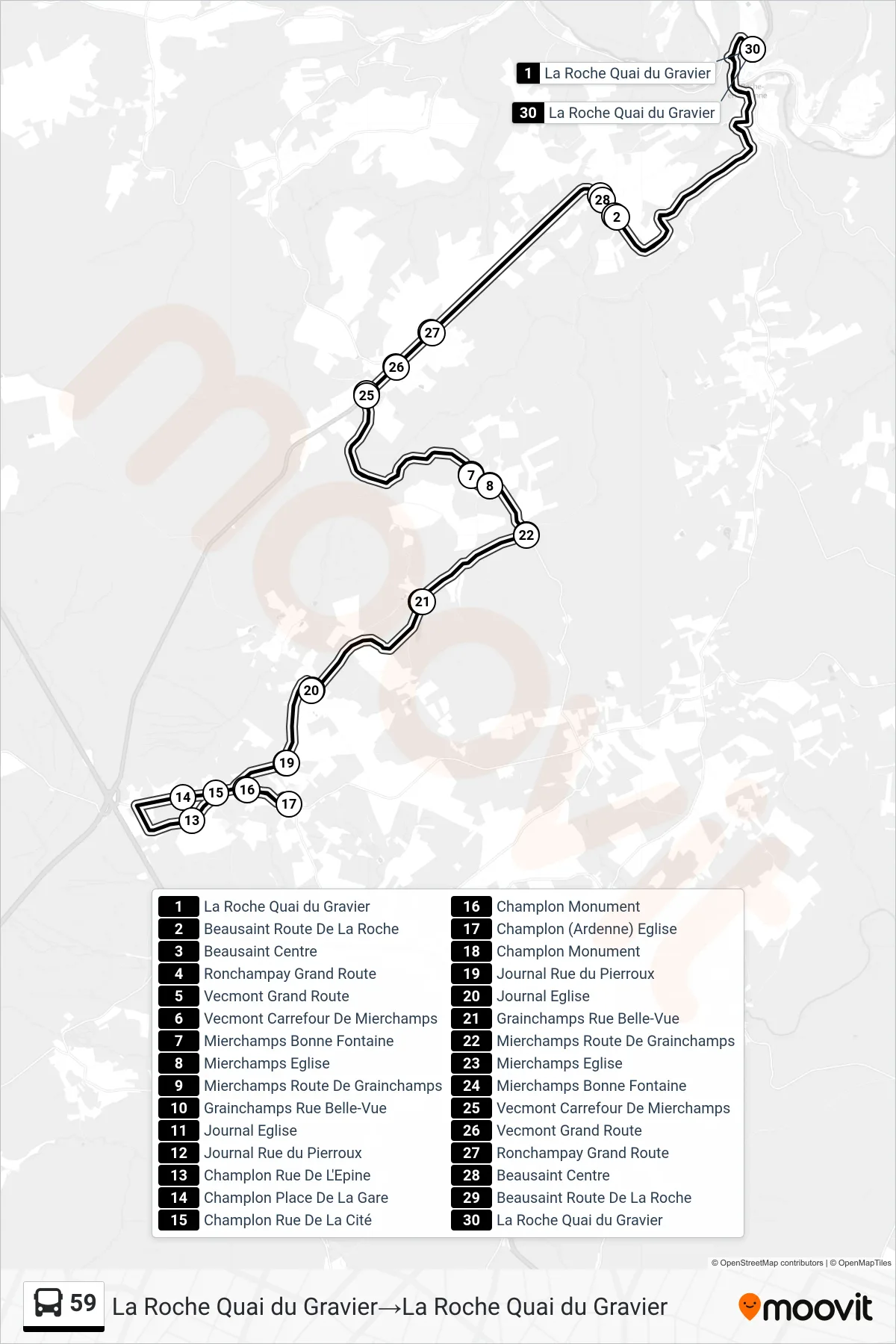 Lijn 59 (bus, La Roche Quai du Gravier→La Roche Quai du Gravier): route en haltes op de kaart