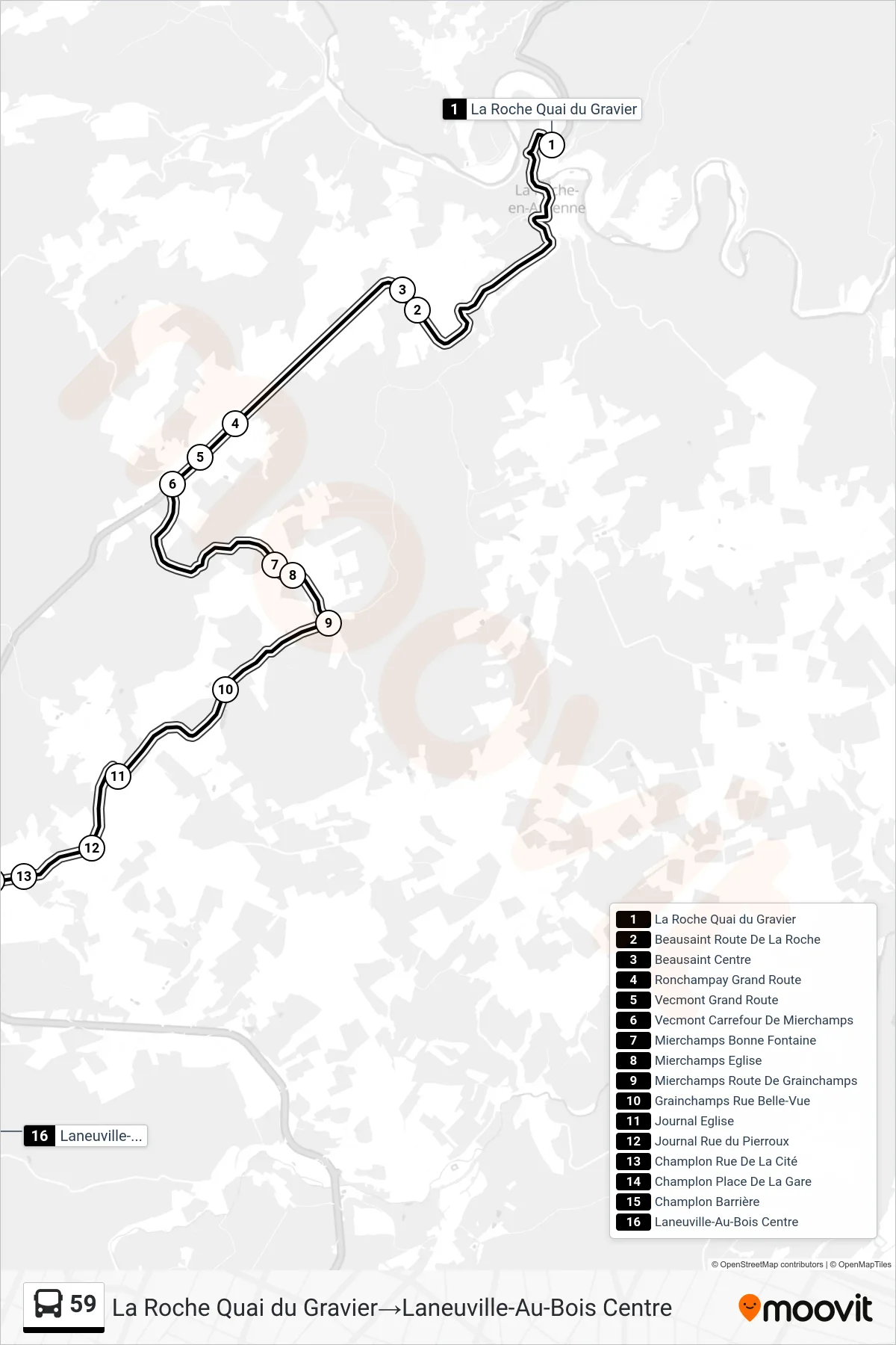 Lijn 59 (bus, La Roche Quai du Gravier‎→Laneuville-Au-Bois Centre): route en haltes op de kaart