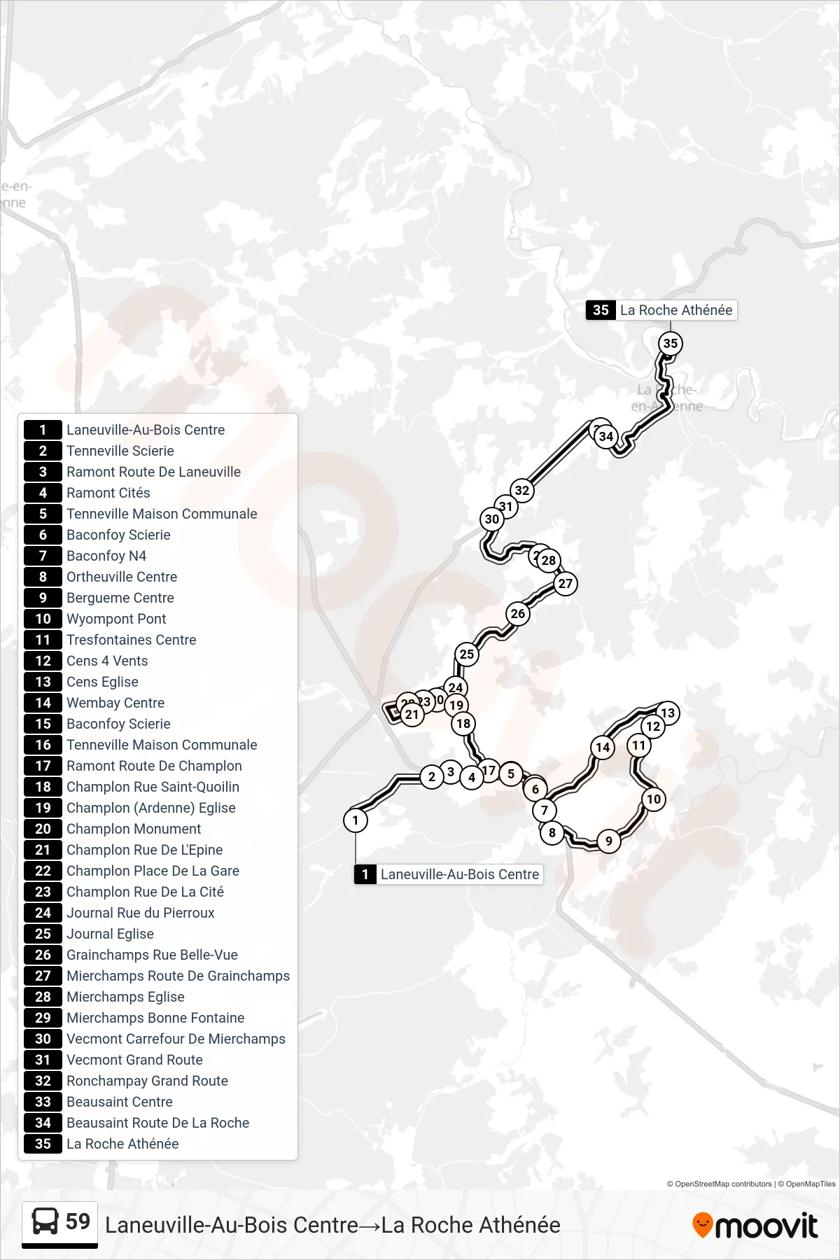59 bus Line (Laneuville-Au-Bois Center‎→La Roche Atheneum) route and stops on a map