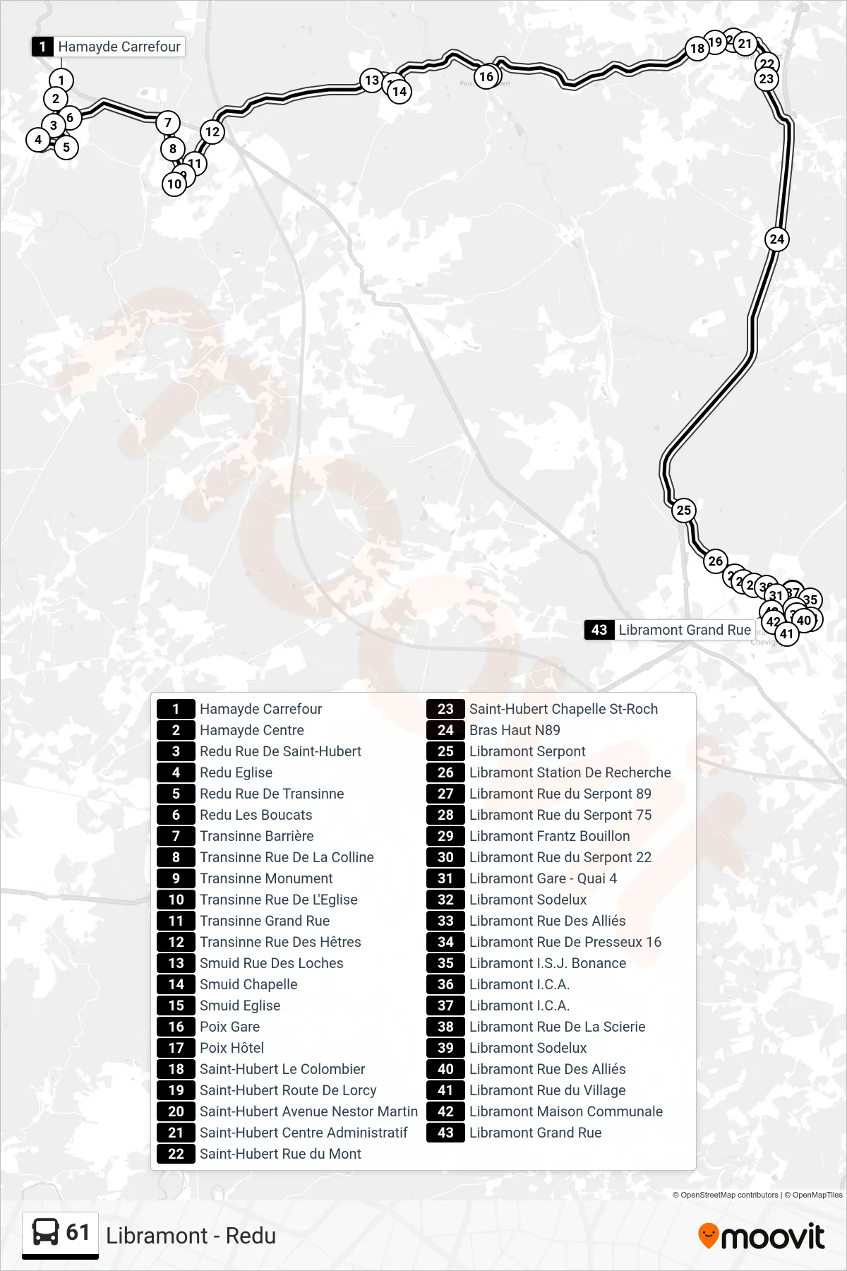 Lijn 61 (bus, Hamayde Carrefour→Libramont Grand Rue): route en haltes op de kaart