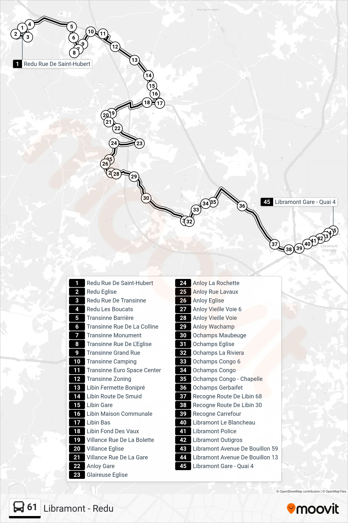 61 bus Line (Redu Saint-Hubert Street→Libramont Station - Platform 4) route and stops on a map