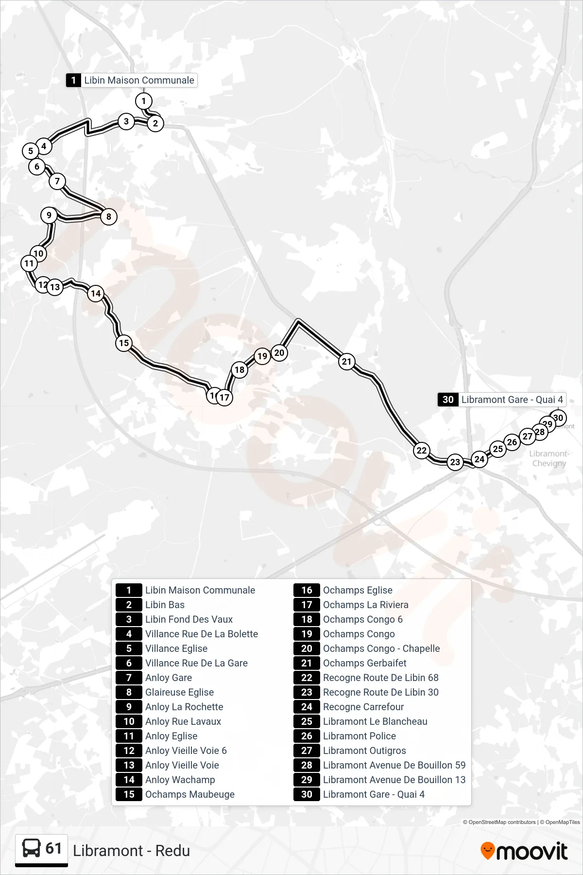 Lijn 61 (bus, Libin Maison Communale→Libramont Gare - Quai 4): route en haltes op de kaart