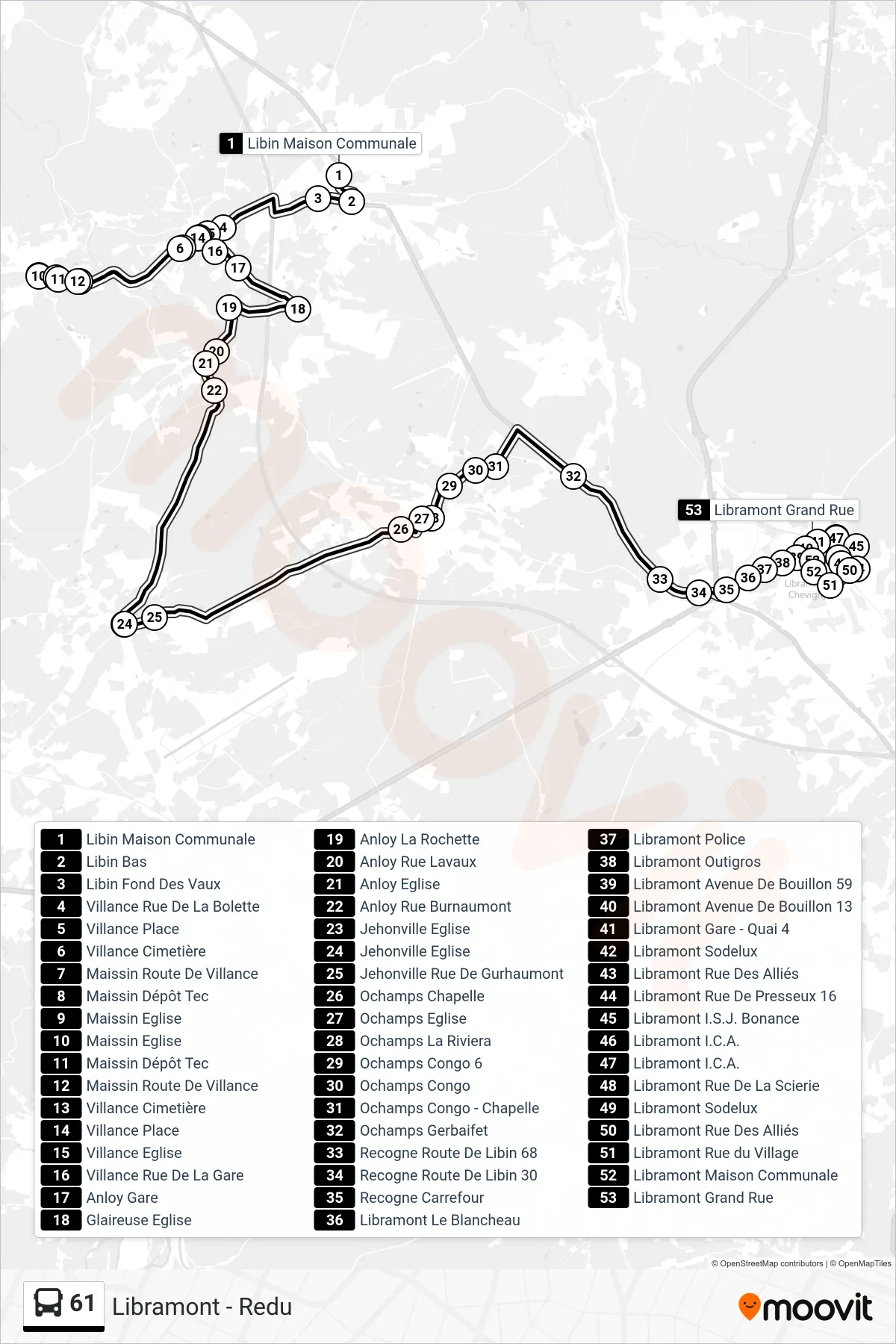 Lijn 61 (bus, Libin Maison Communale‎→Libramont Grand Rue): route en haltes op de kaart