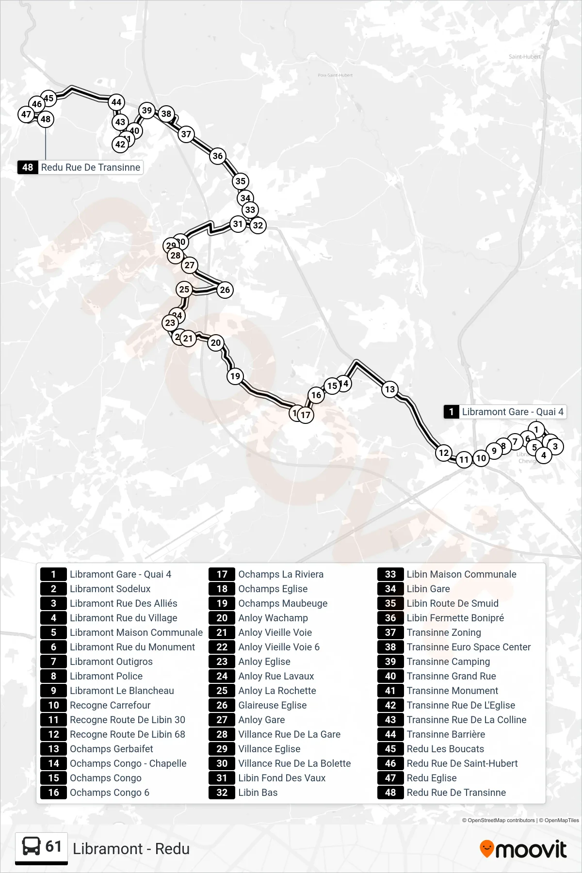 Lijn 61 (bus, Libramont Gare - Quai 4→Redu Rue De Transinne): route en haltes op de kaart