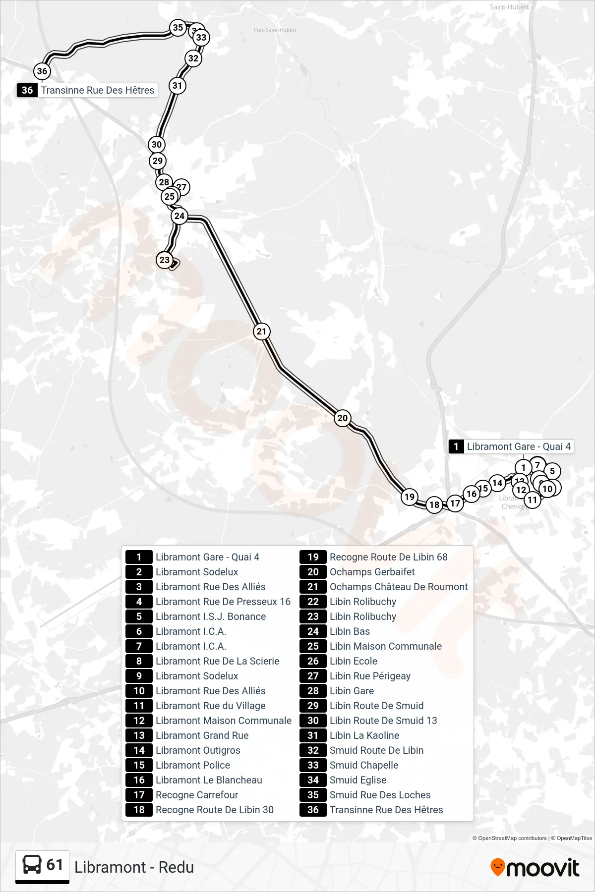 Lijn 61 (bus, Libramont Gare - Quai 4‎→Transinne Rue Des Hêtres): route en haltes op de kaart