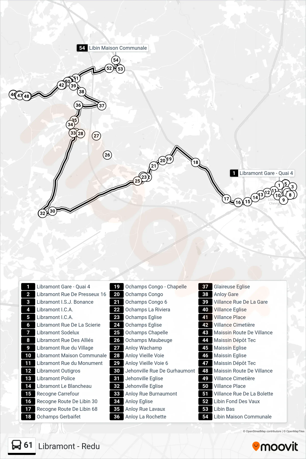 61 bus Line (Libramont Station - Platform 4→Libin Town Hall) route and stops on a map