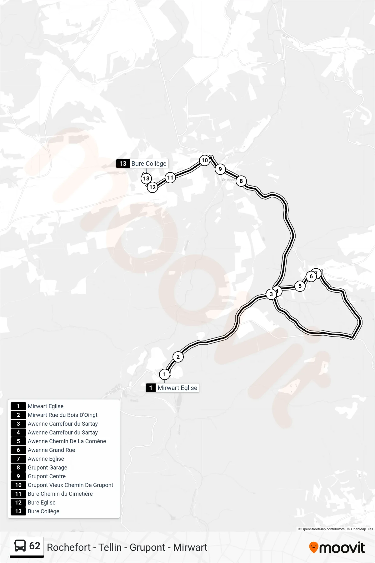 Lijn 62 (bus, Mirwart Eglise→Bure Collège): route en haltes op de kaart