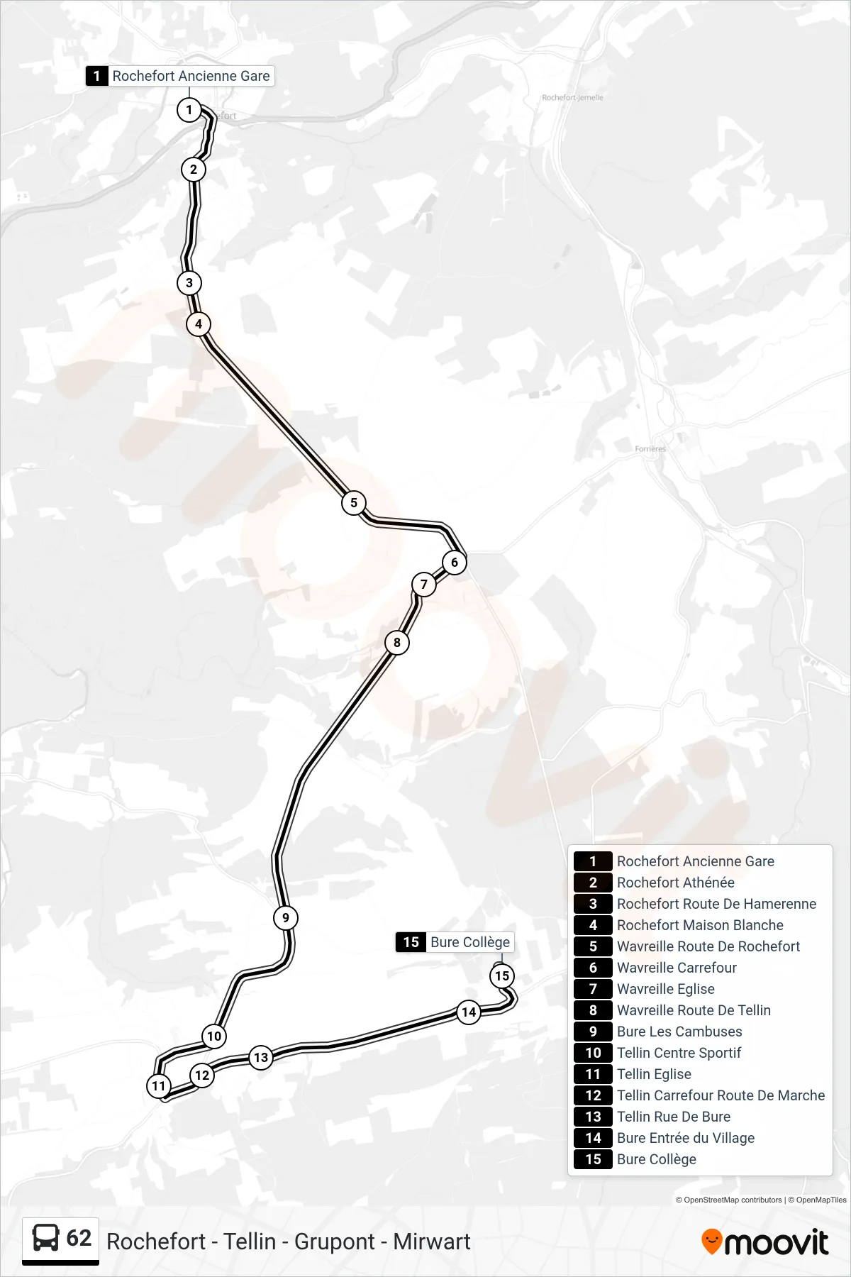 62 bus Line (Rochefort Old Station→Bure College) route and stops on a map