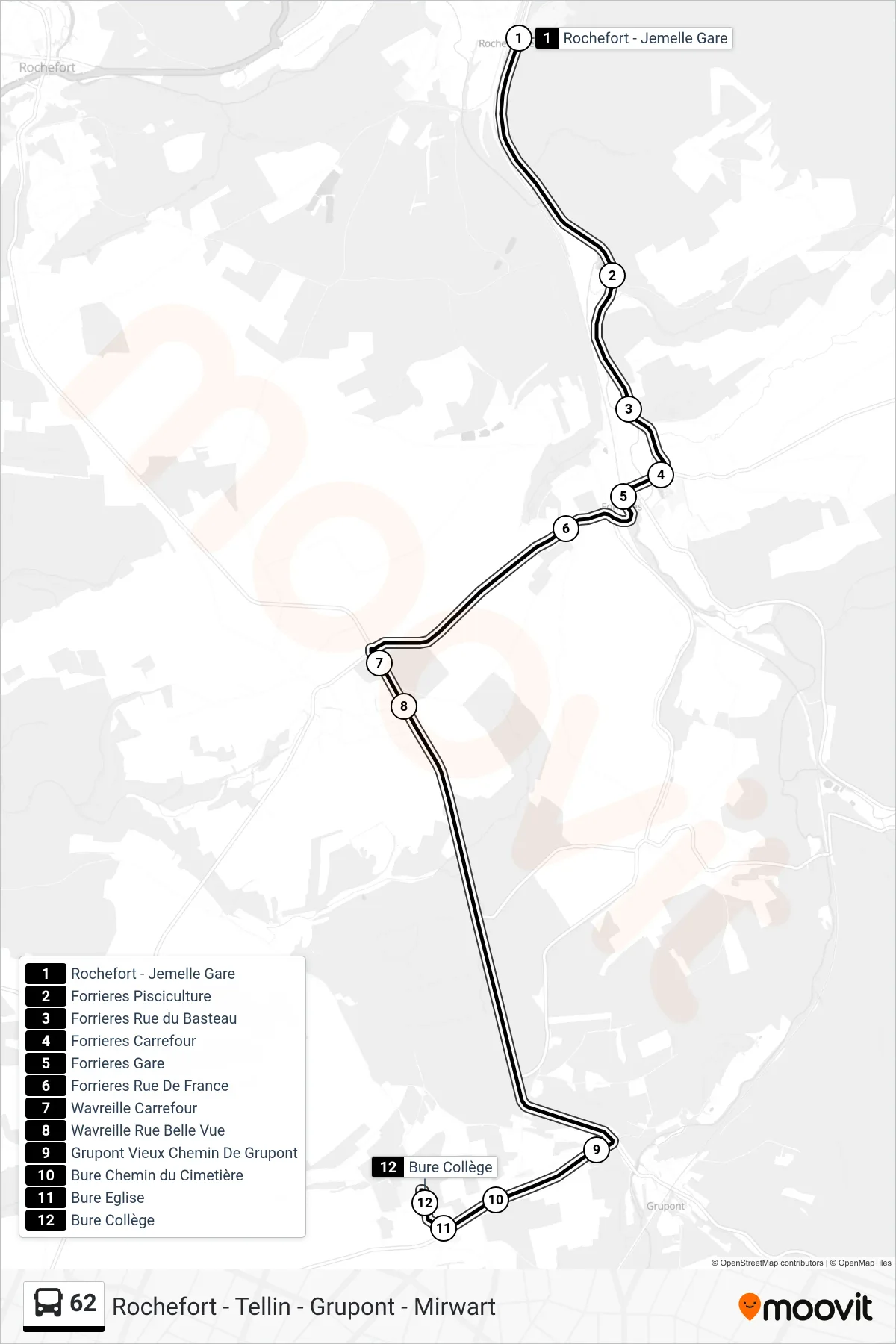 62 bus Line (Rochefort - Jemelle Station→Bure College) route and stops on a map