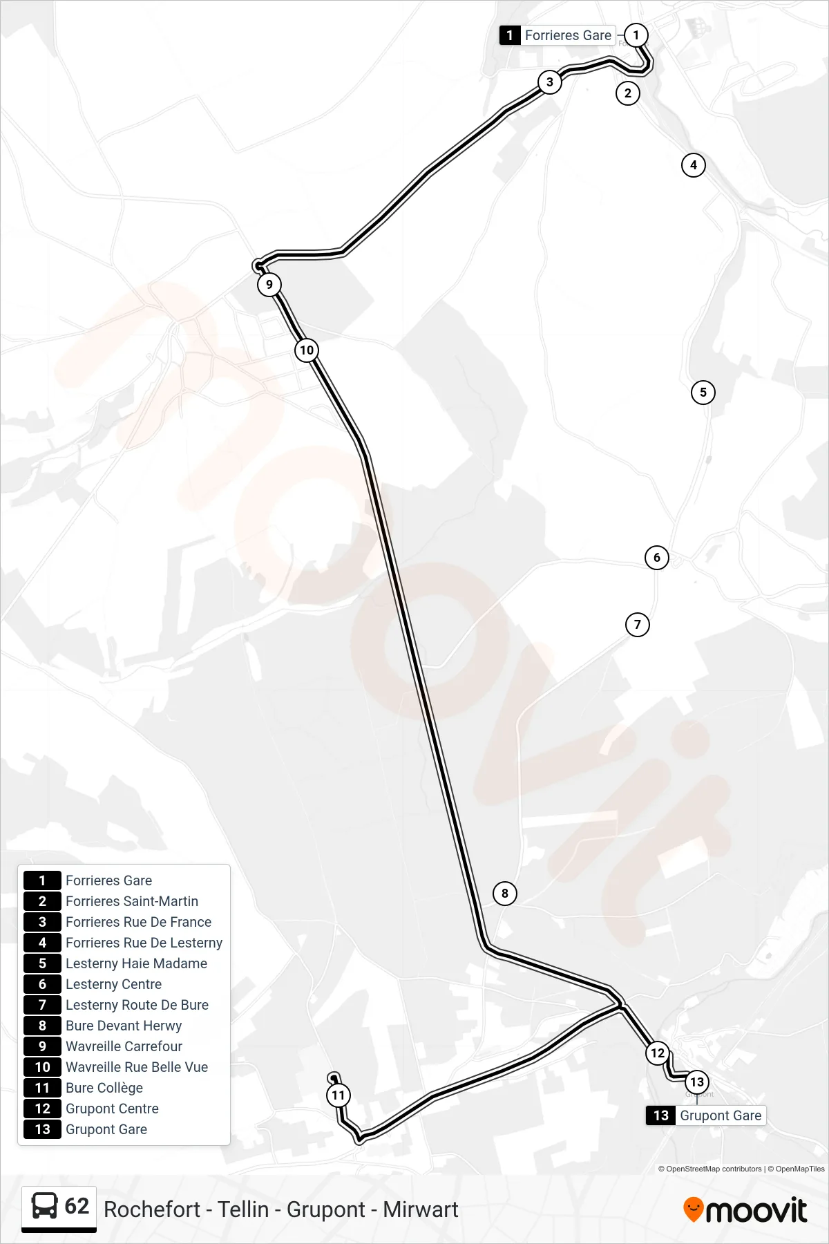 62 bus Line (Forrieres Station‎→Grupont Station) route and stops on a map