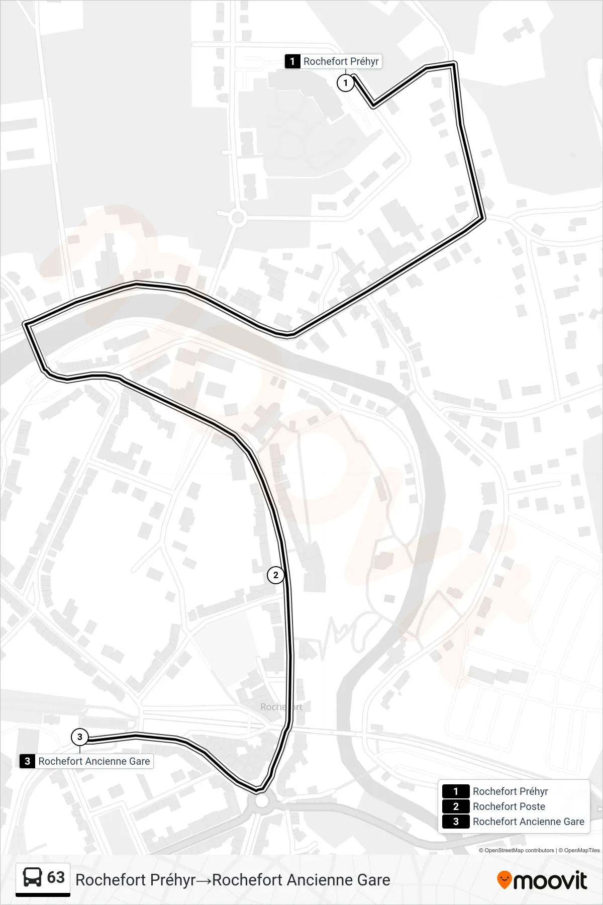 Lijn 63 (bus, Rochefort Préhyr→Rochefort Ancienne Gare): route en haltes op de kaart