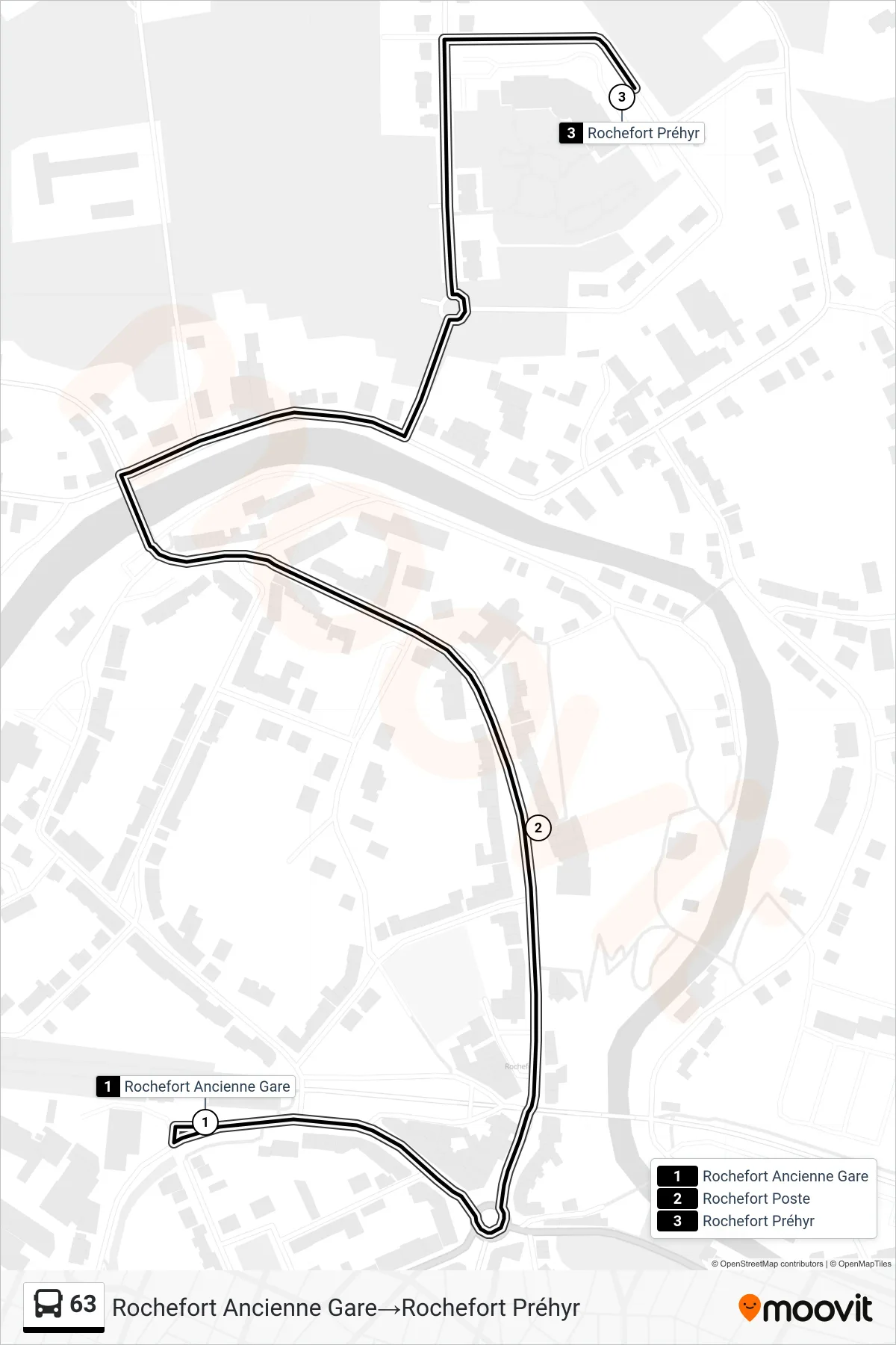 63 bus Line (Rochefort Old Station→Rochefort Prehyr) route and stops on a map